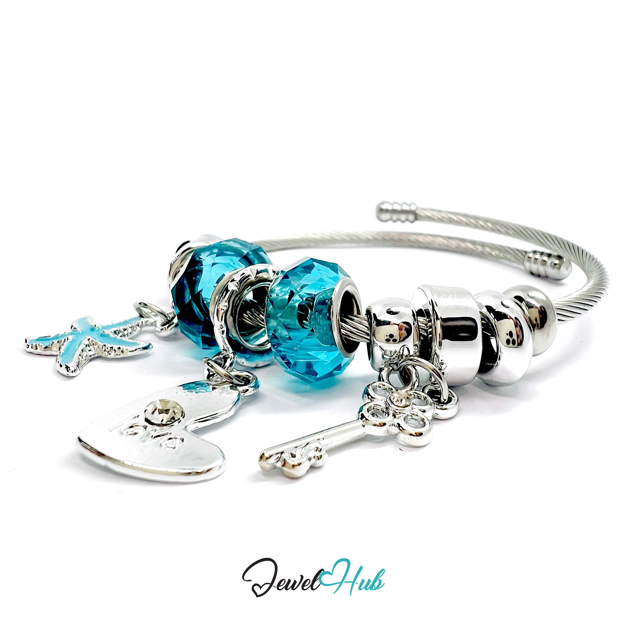 Silver bracelet with blue beads and charms on a white background, branded 'Jewel Hub'.