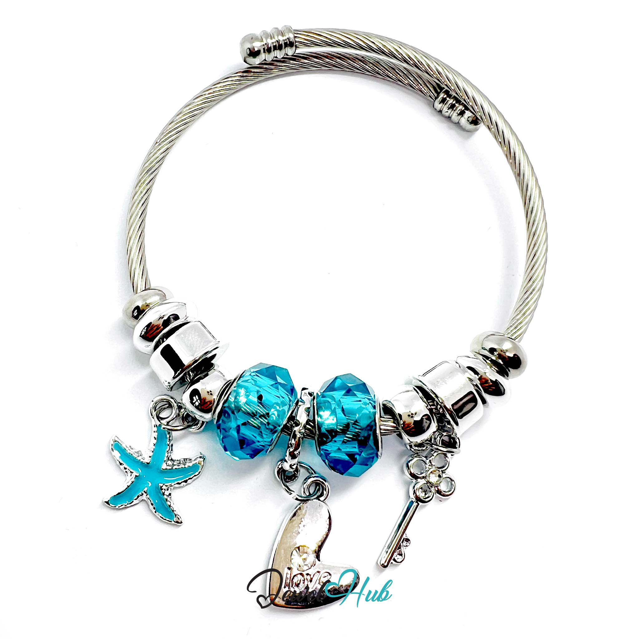 Silver bracelet with blue beads and charms on a white background
