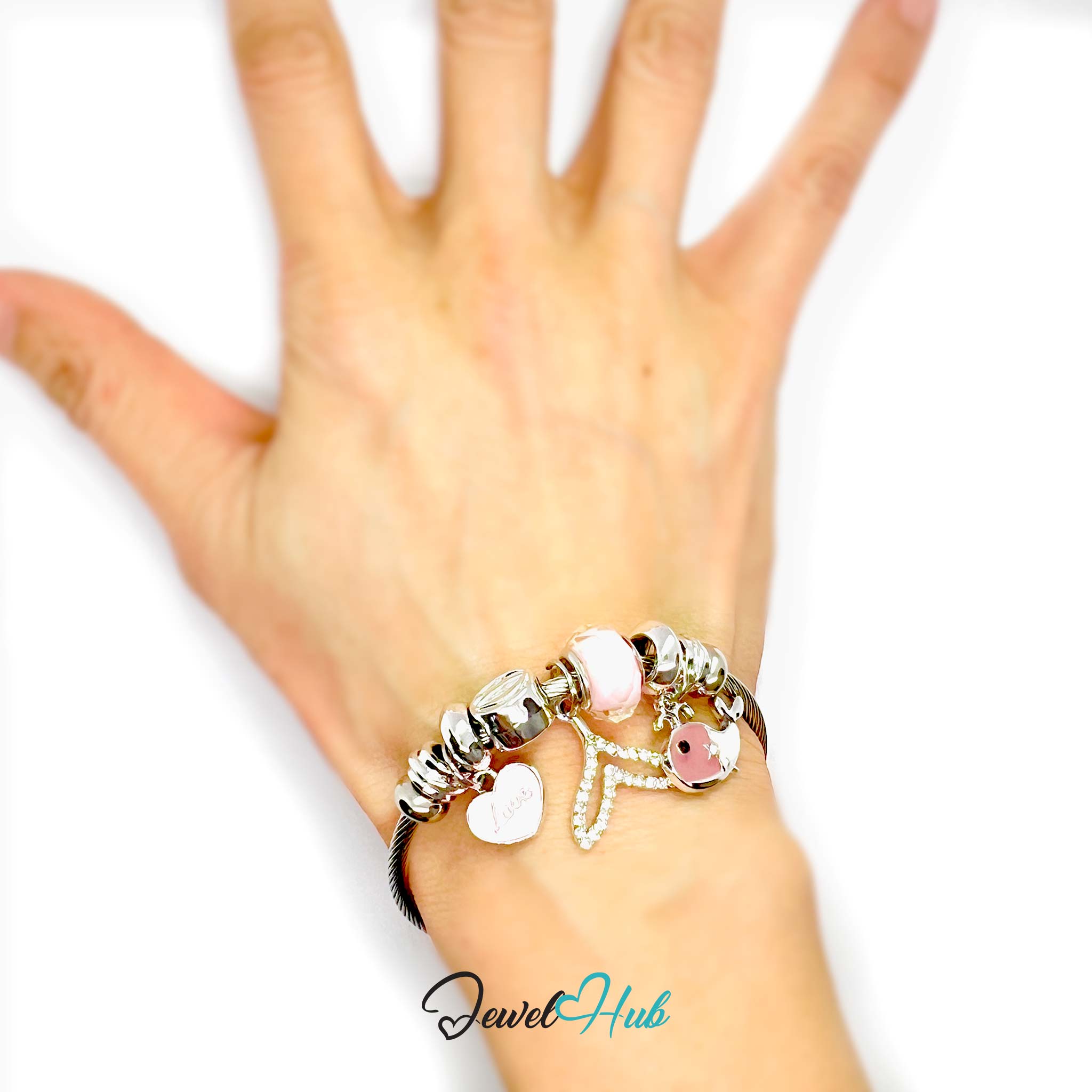 Hand wearing a bracelet with various charms on a white background, branded 'Jewel Hub'.