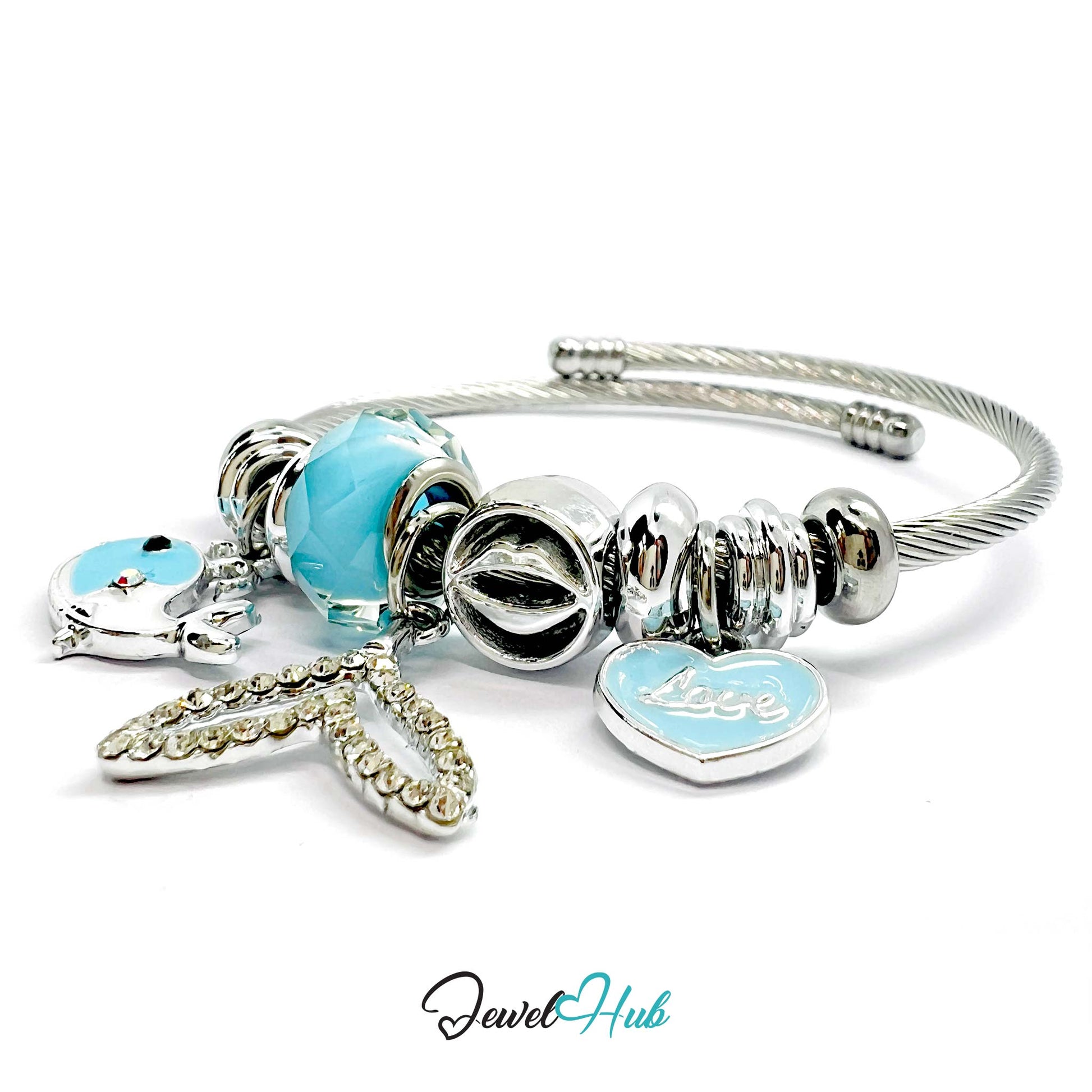 Silver bracelet with charms on a white background, featuring the brand 'Jewel Hub'.