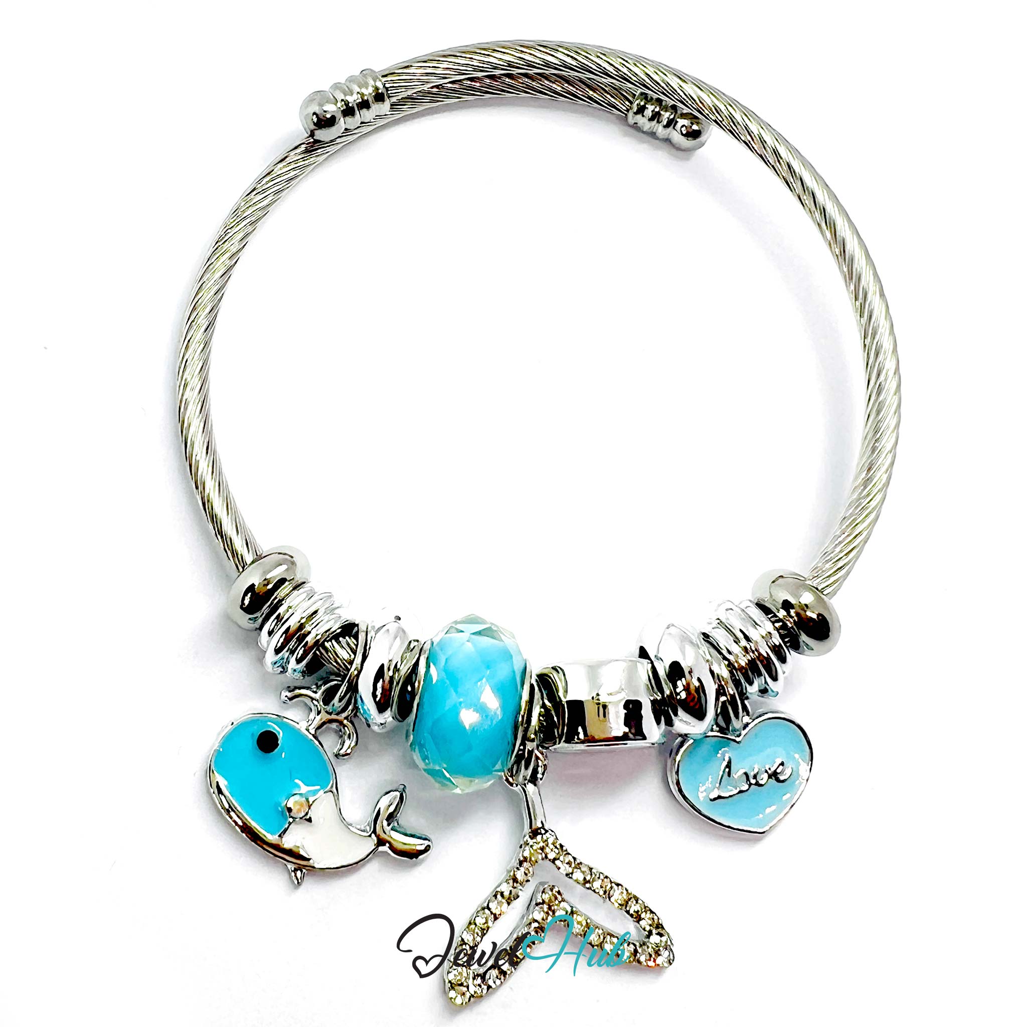 Silver bracelet with turquoise charms on a white background