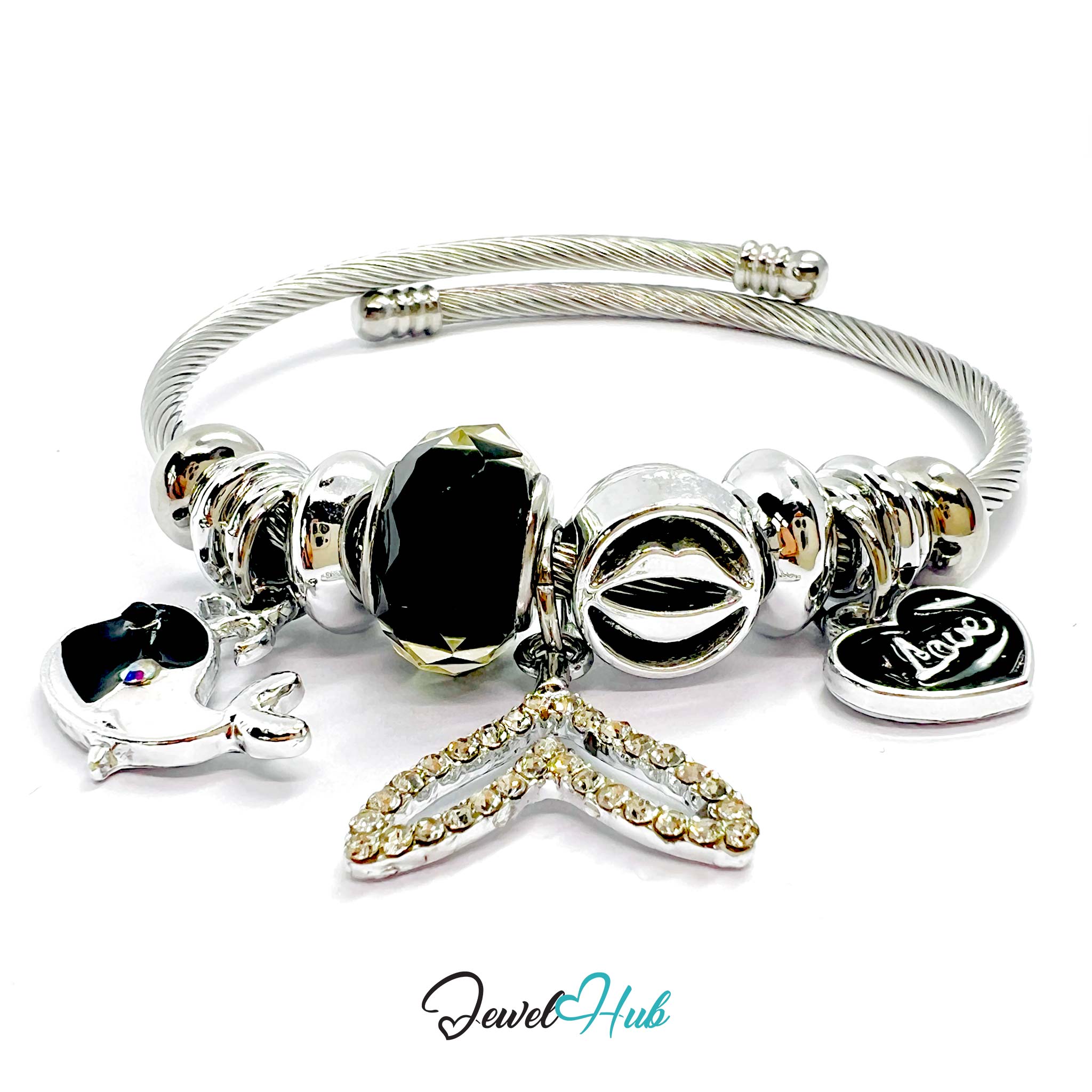 Silver bracelet with various charms on a white background, branded 'Jewel Hub'.