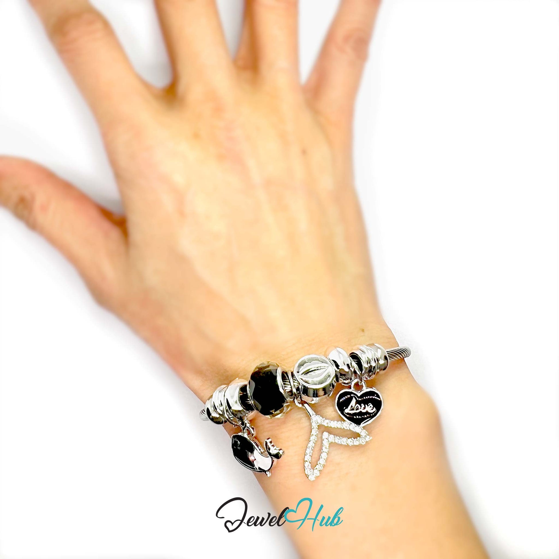Hand wearing a bracelet with charms on a white background, featuring the brand 'Jewel Hub'.