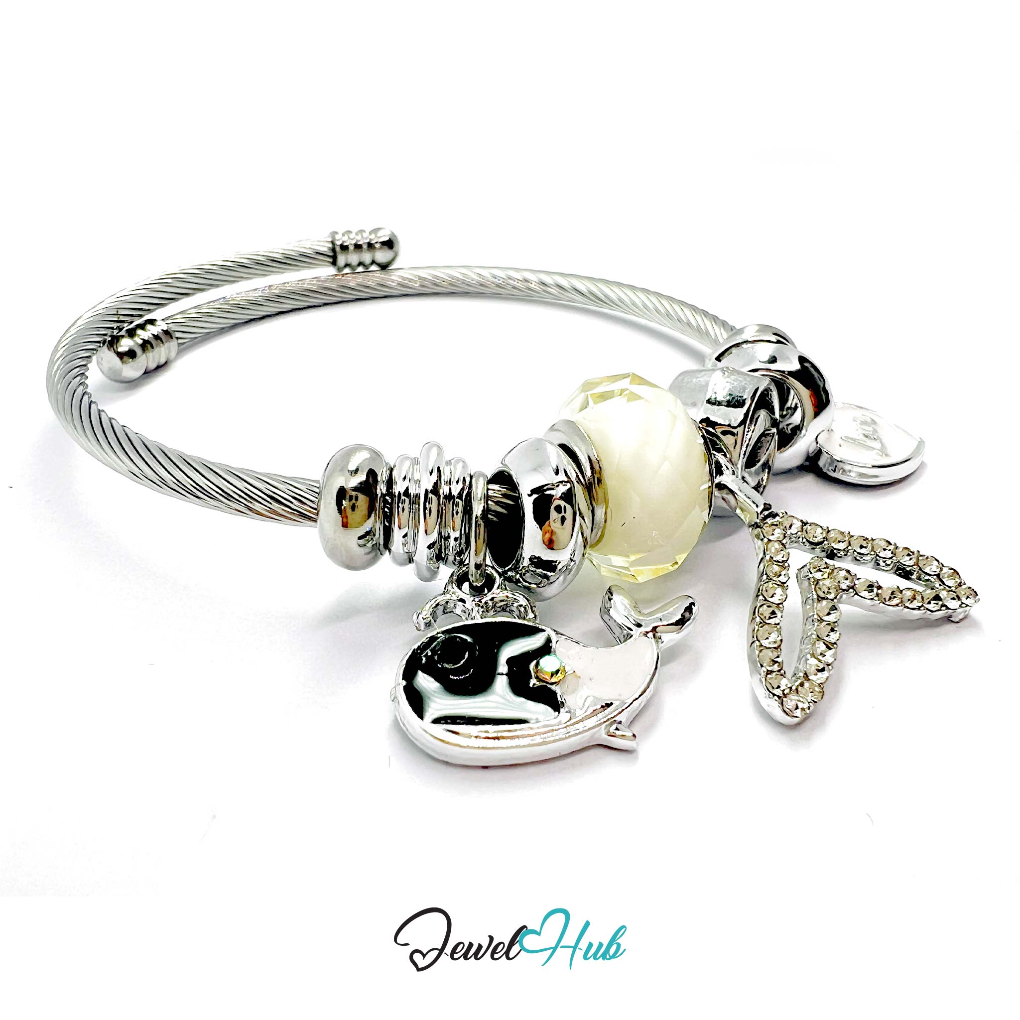 Silver bracelet with white beads and charms on a white background, branded 'Jewel Hub'.