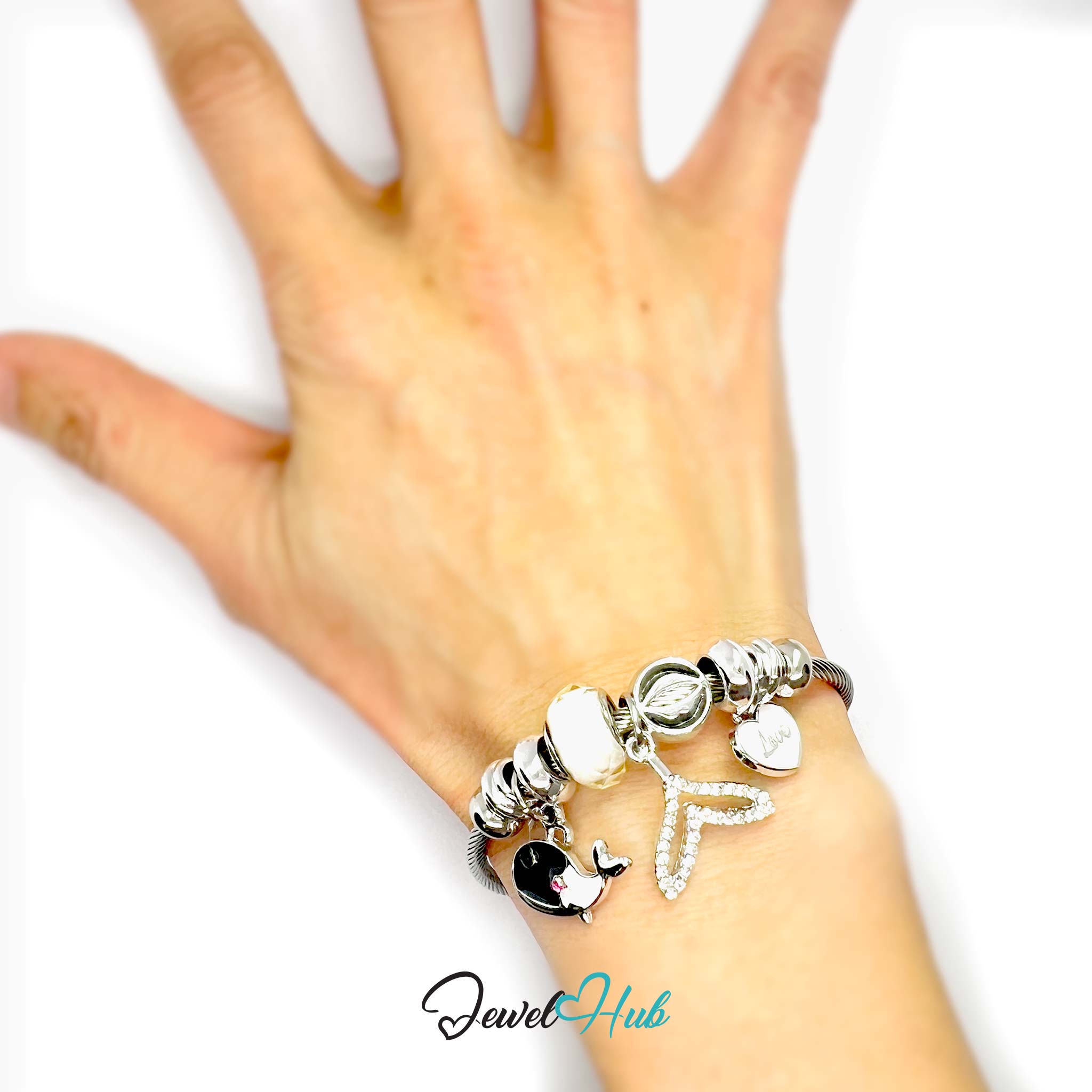 Hand wearing a bracelet with various charms on a white background, branded 'Jewel Hub'.