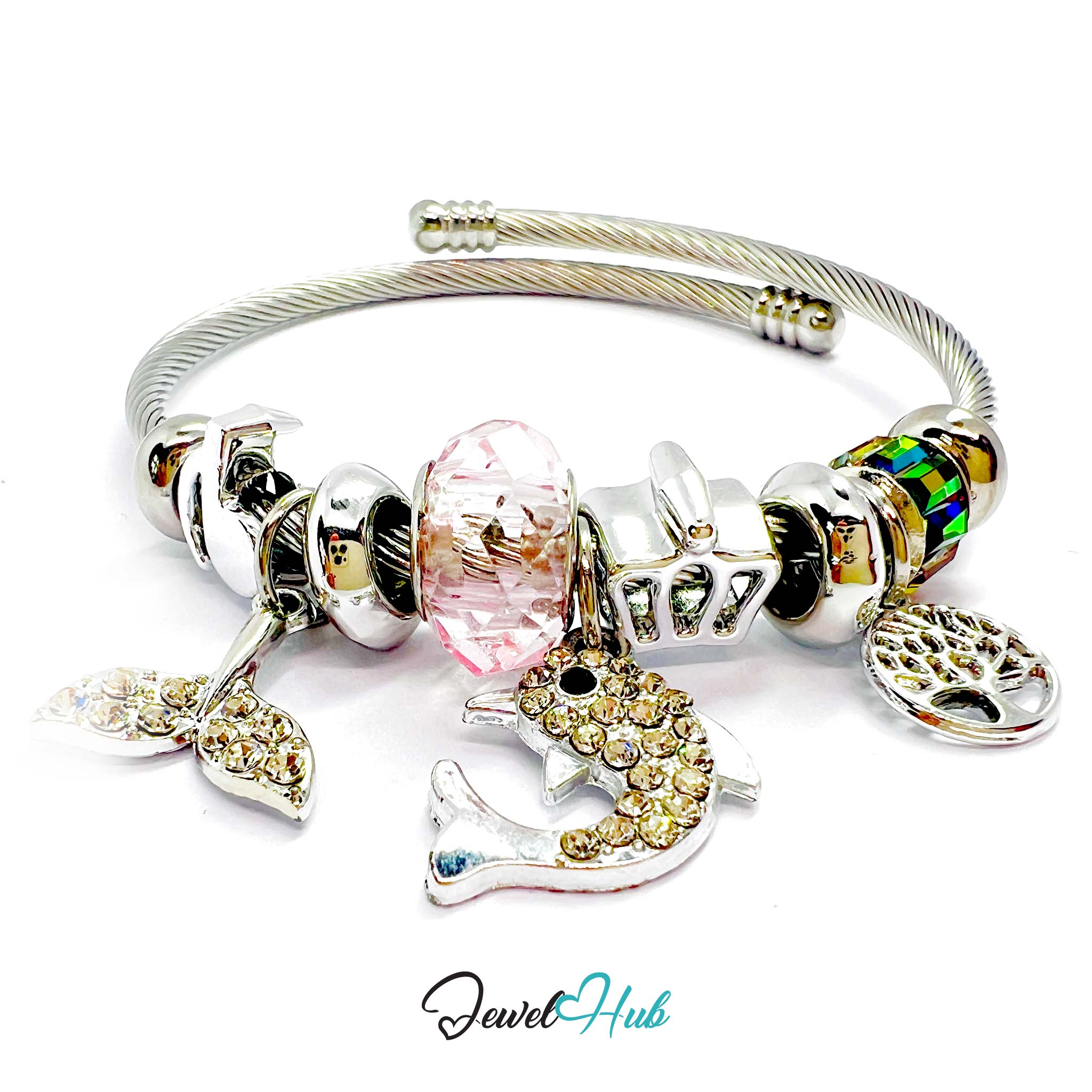 Silver bracelet with various charms on a white background, branded 'Jewel Hub'.