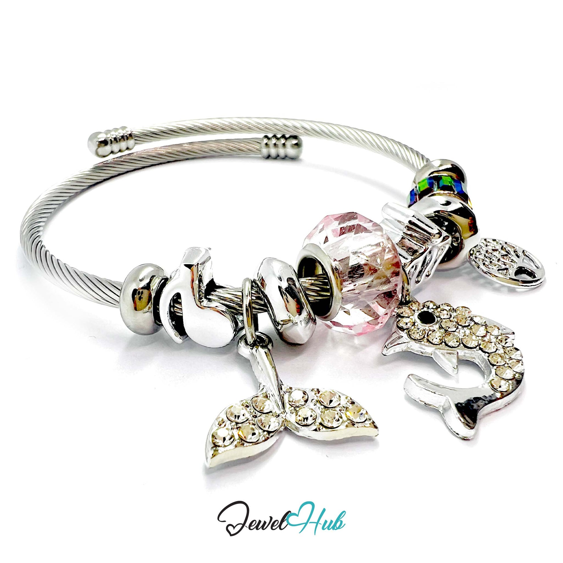 Silver bracelet with charms on a white background, featuring the brand 'Jewel Hub'.
