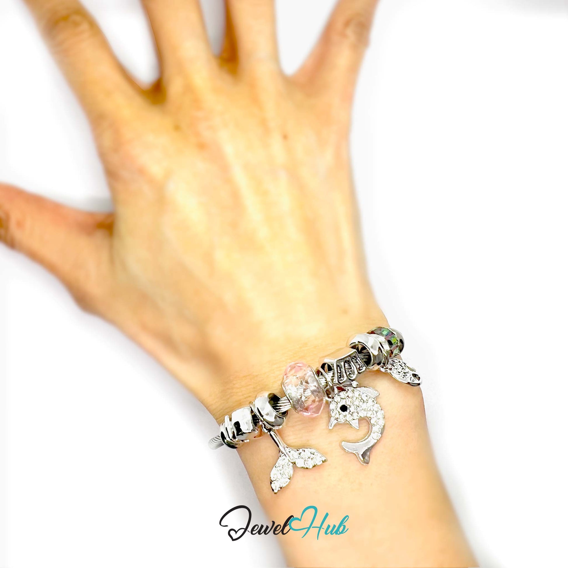 Hand wearing a bracelet with various charms on a white background, branded 'Jewel Hub'.