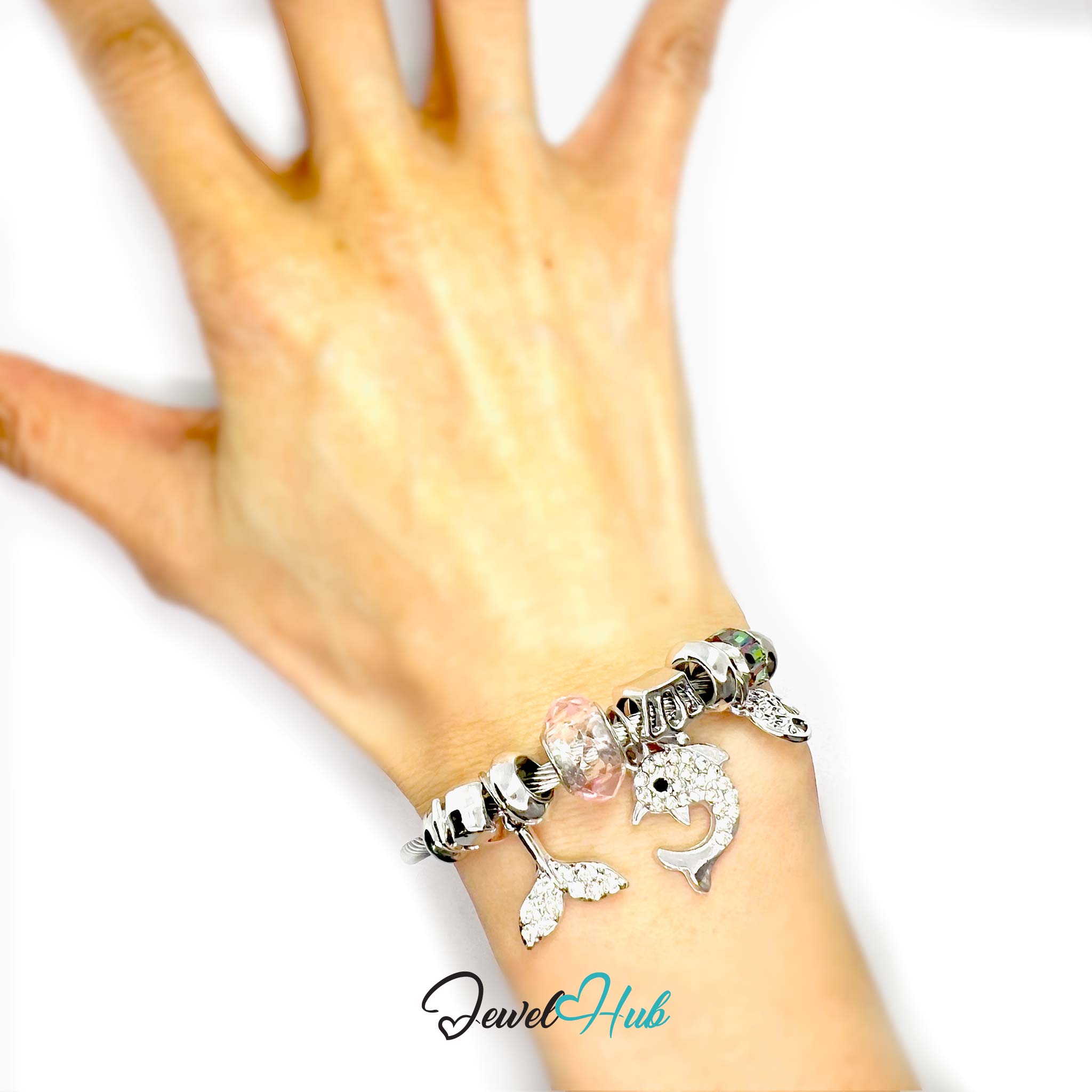 Hand wearing a bracelet with various charms on a white background, branded 'Jewel Hub'.
