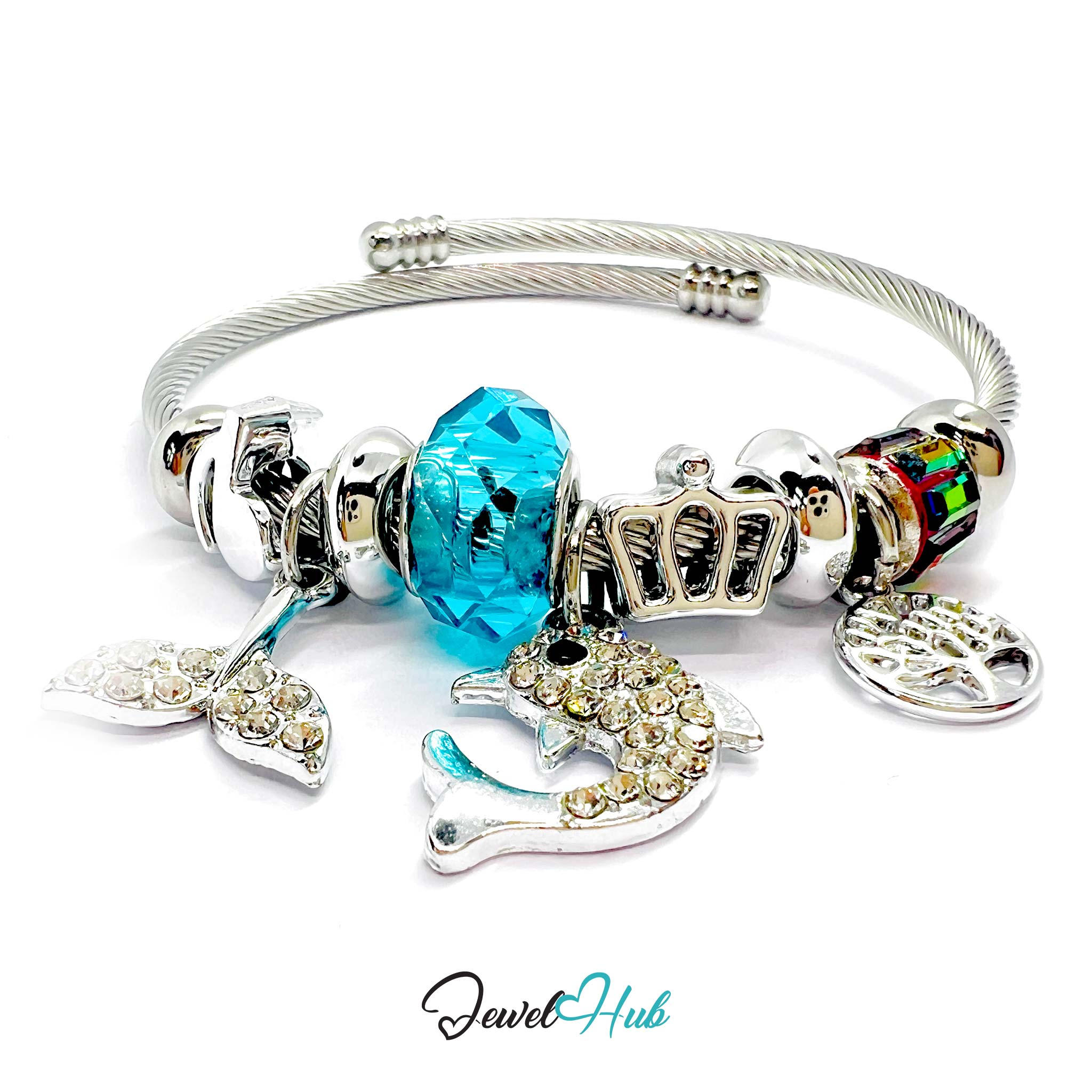 Silver bracelet with colorful charms on a white background, branded 'Jewel Hub'.