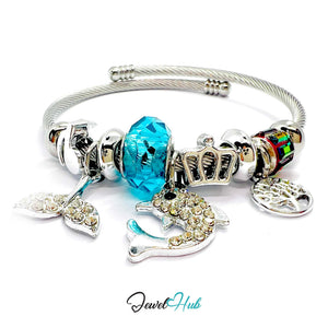 Silver bracelet with colorful charms on a white background, branded 'Jewel Hub'.