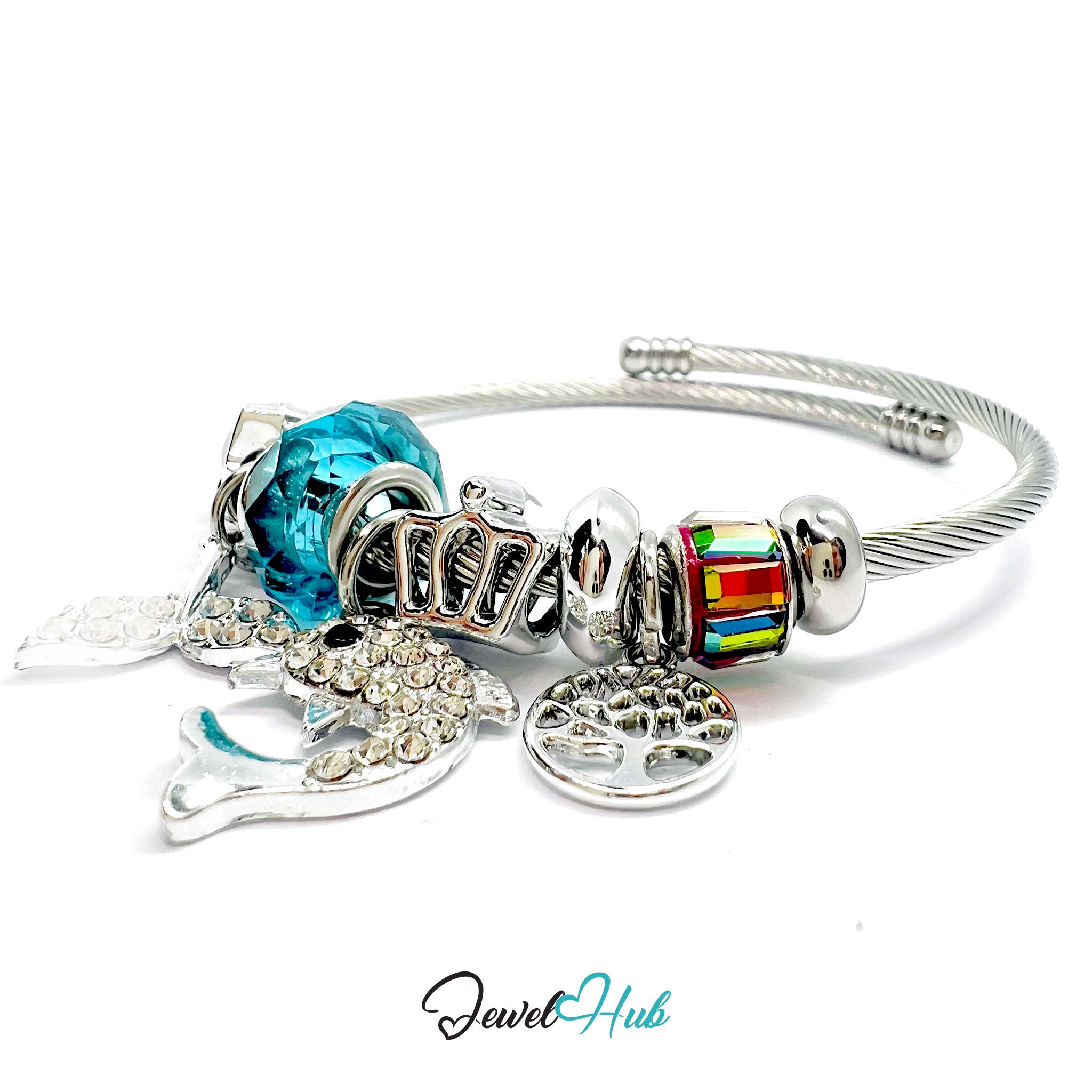 Silver bracelet with various charms on a white background, branded 'Jewel Hub'.