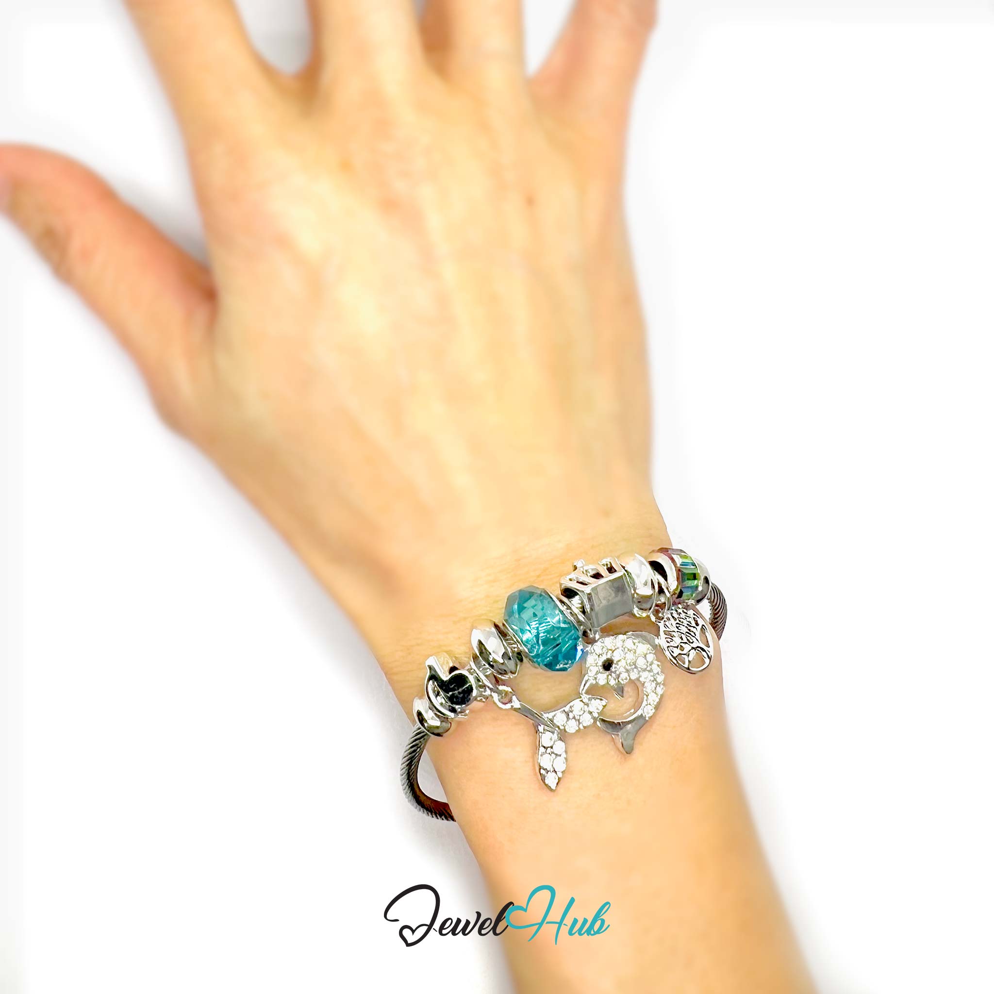 Hand wearing a bracelet with charms on a white background, brand 'Jewel Hub' visible.