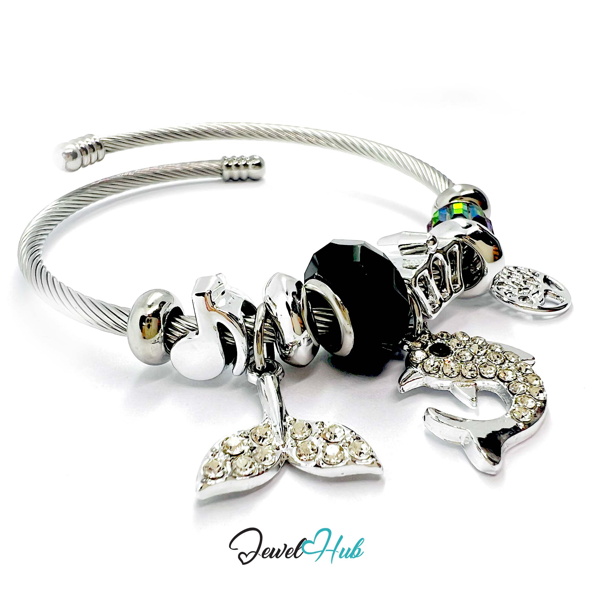 Silver bracelet with mermaid and dolphin charms on a white background, branded 'Jewel Hub'.
