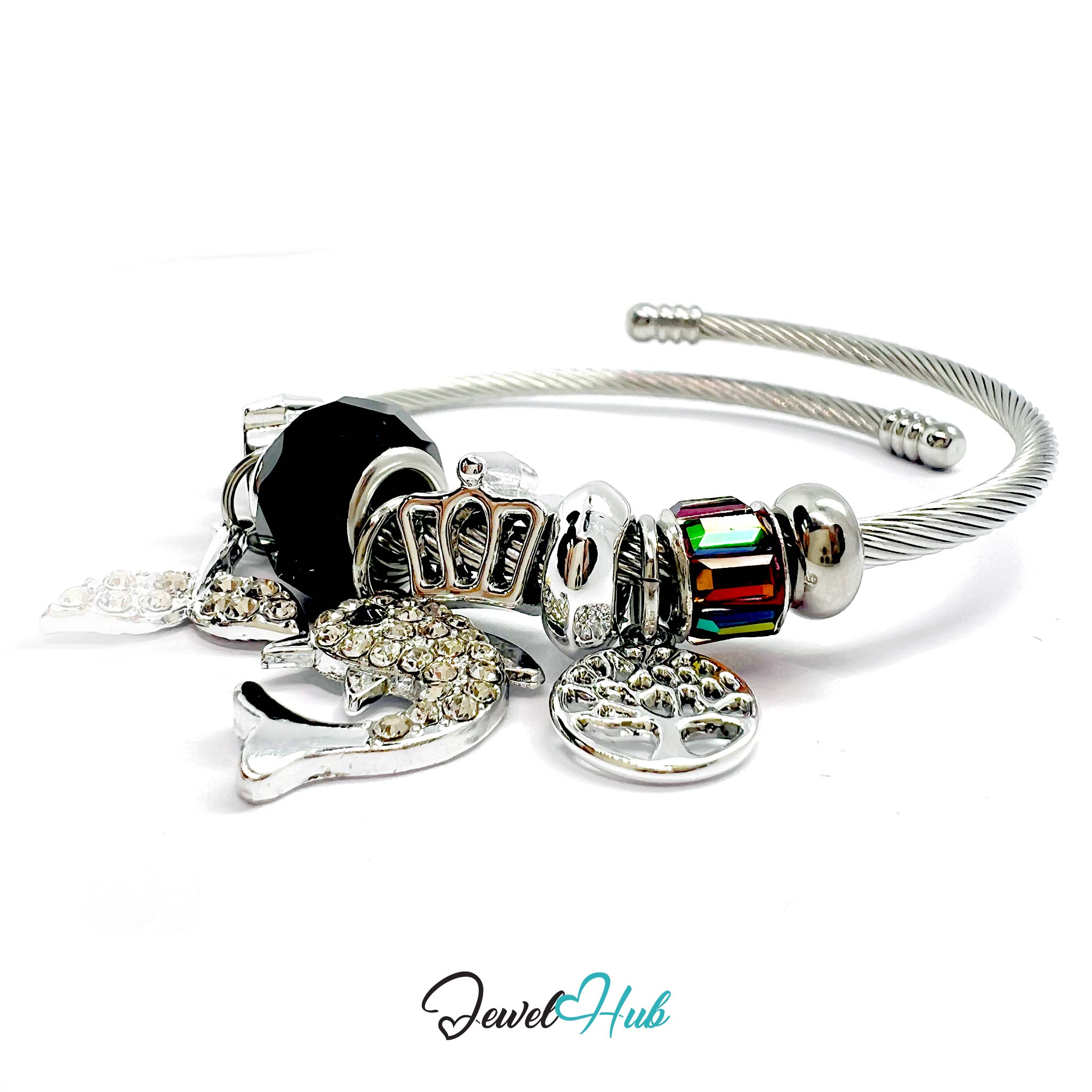 Silver bracelet with various charms on a white background, branded 'Jewel Hub'.