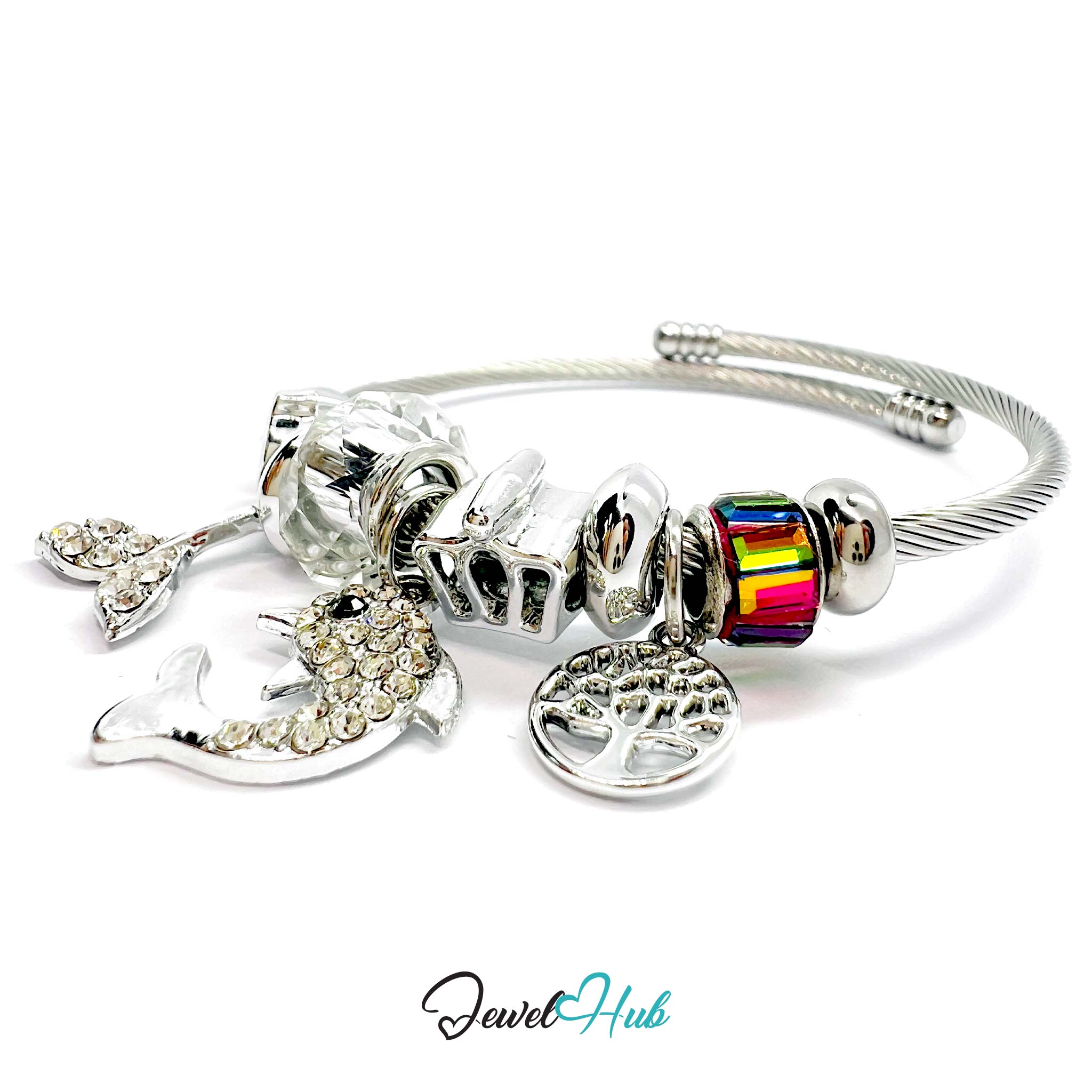 Silver bracelet with various charms on a white background, branded 'Jewel Hub'.