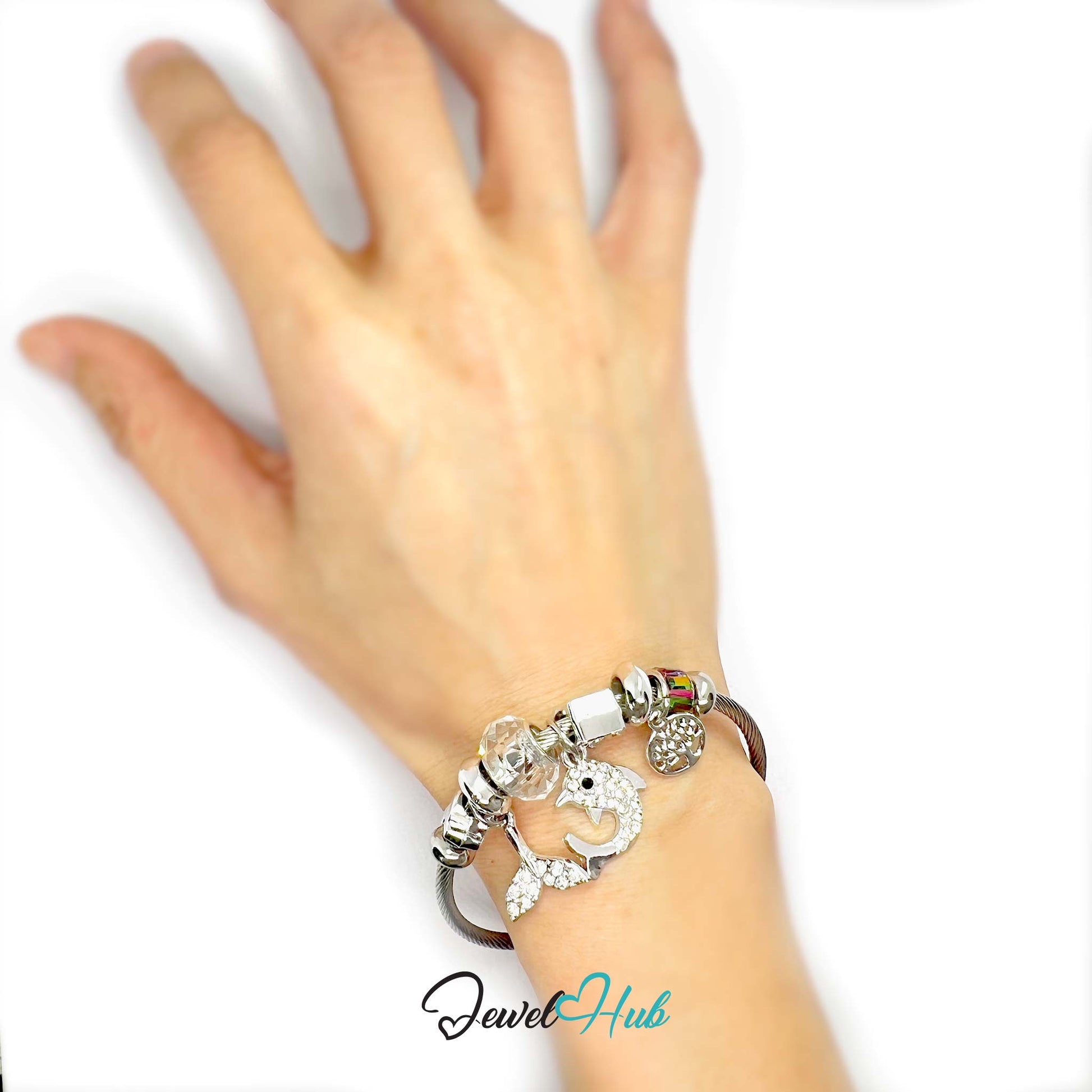 Hand wearing a bracelet with various charms on a white background, branded 'Jewel Hub'.