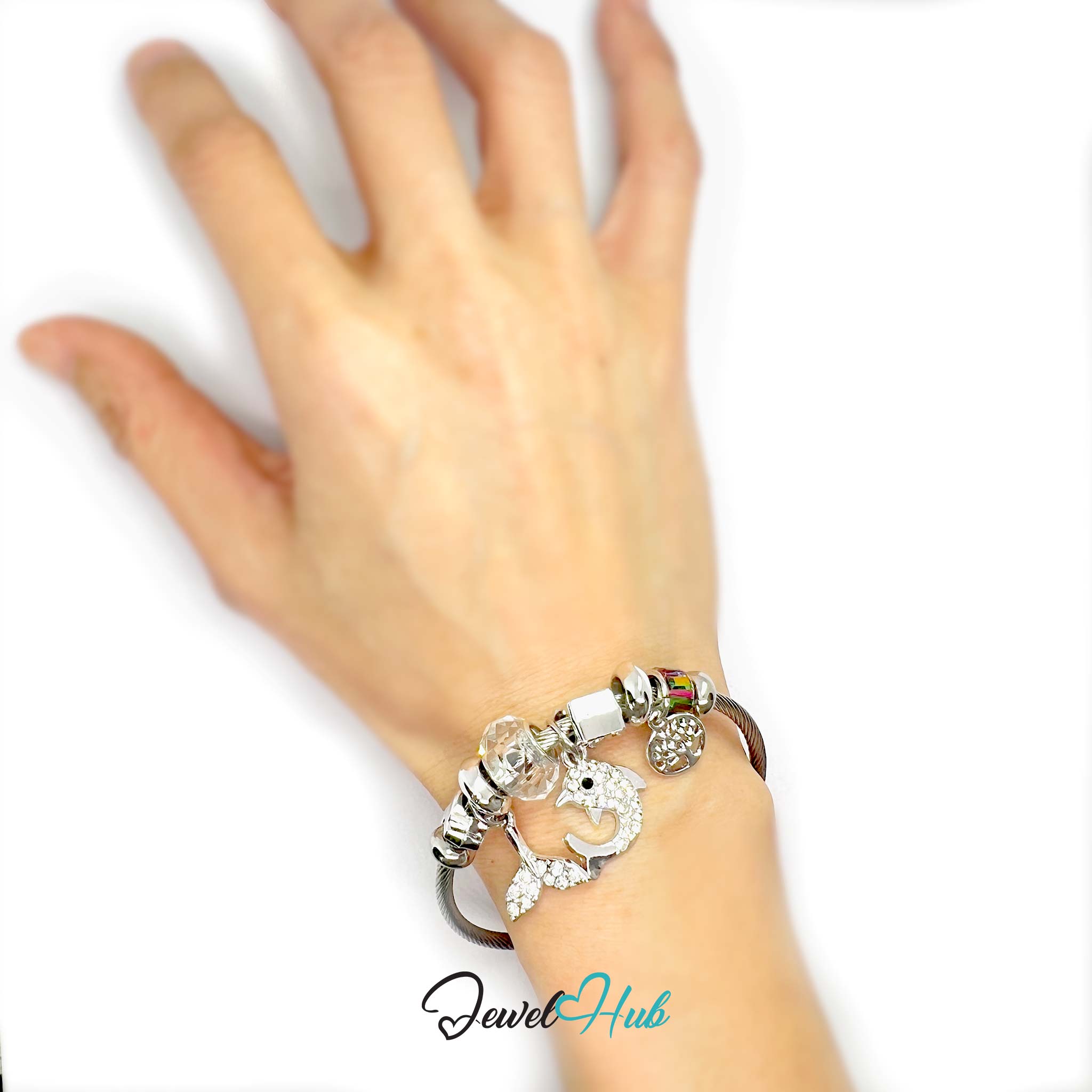 Hand wearing a bracelet with various charms on a white background, branded 'Jewel Hub'.