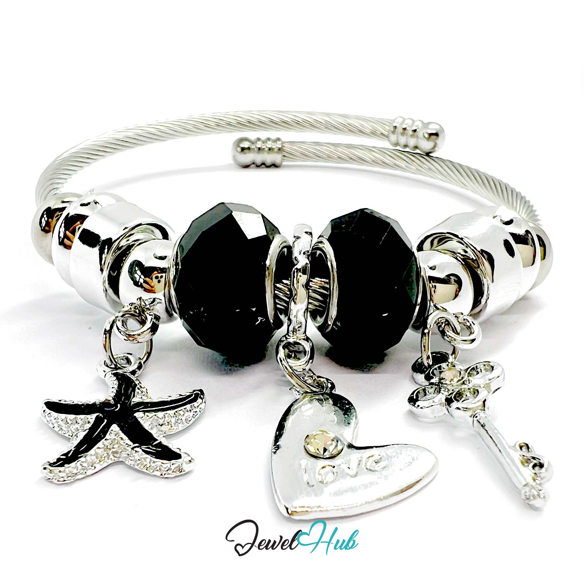Silver bracelet with black beads and charms on a white background, branded 'Jewel Hub'.