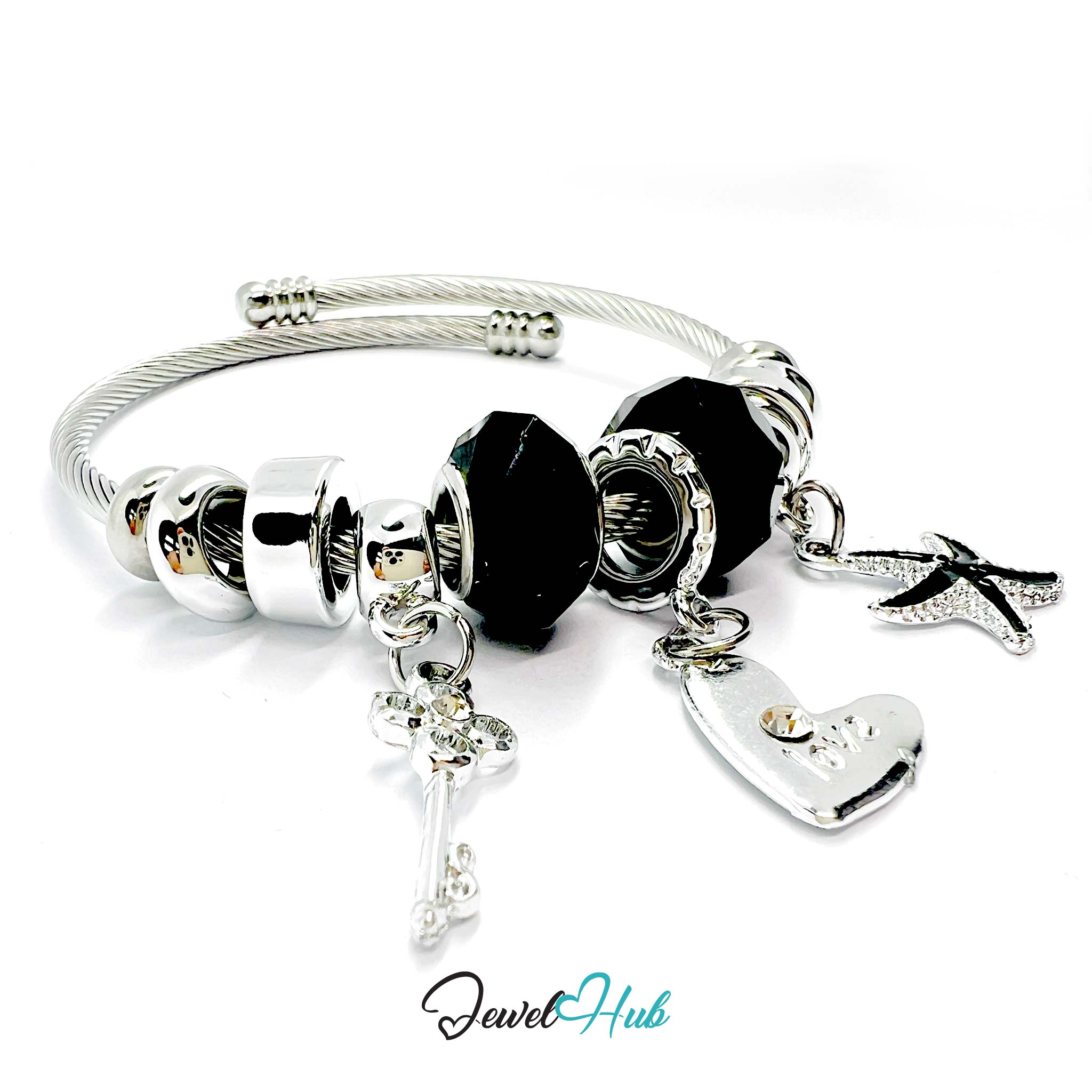 Silver bracelet with black beads and charms on a white background, branded 'Jewel Hub'.