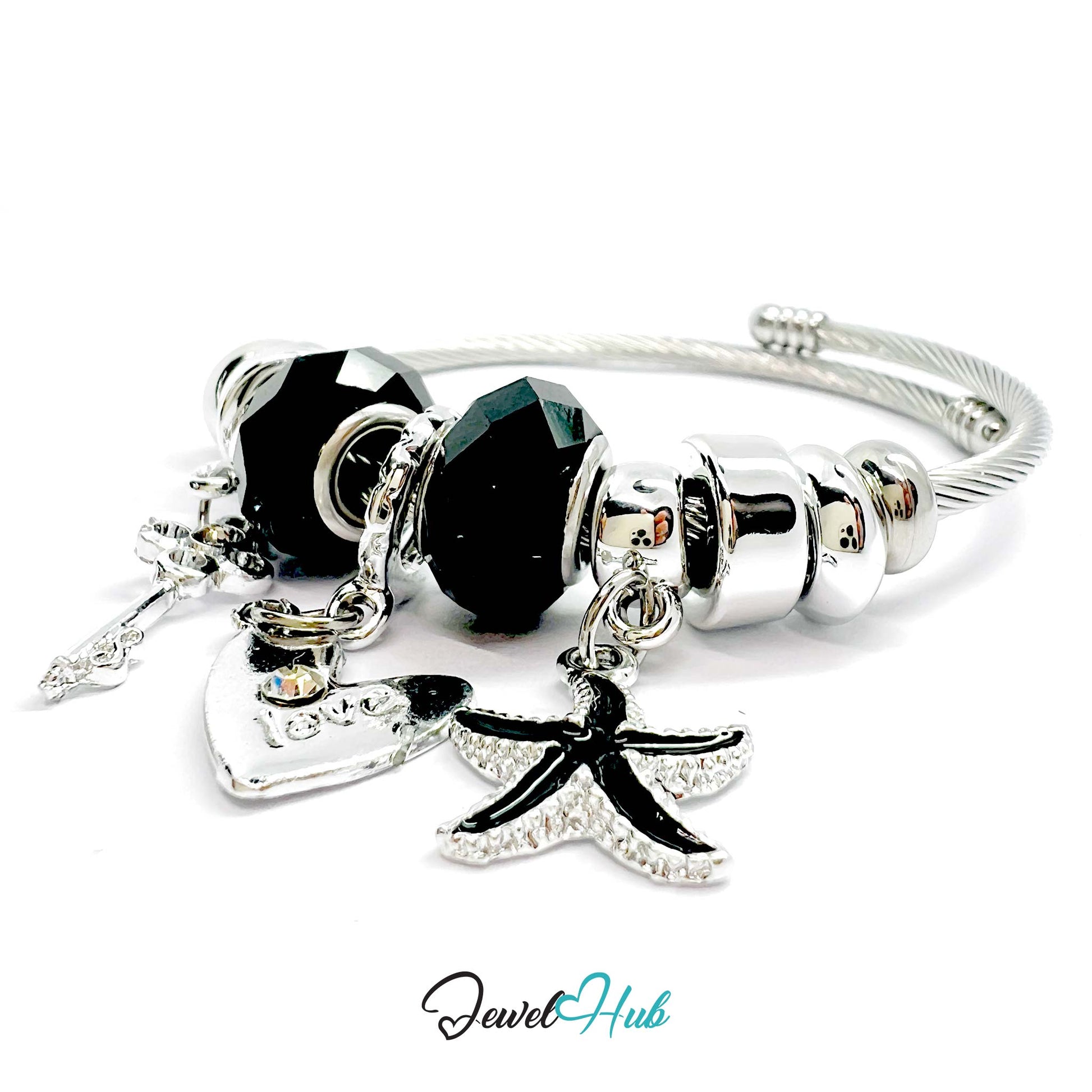 Silver bracelet with black beads and charms on a white background, featuring the brand 'Jewel Hub'.