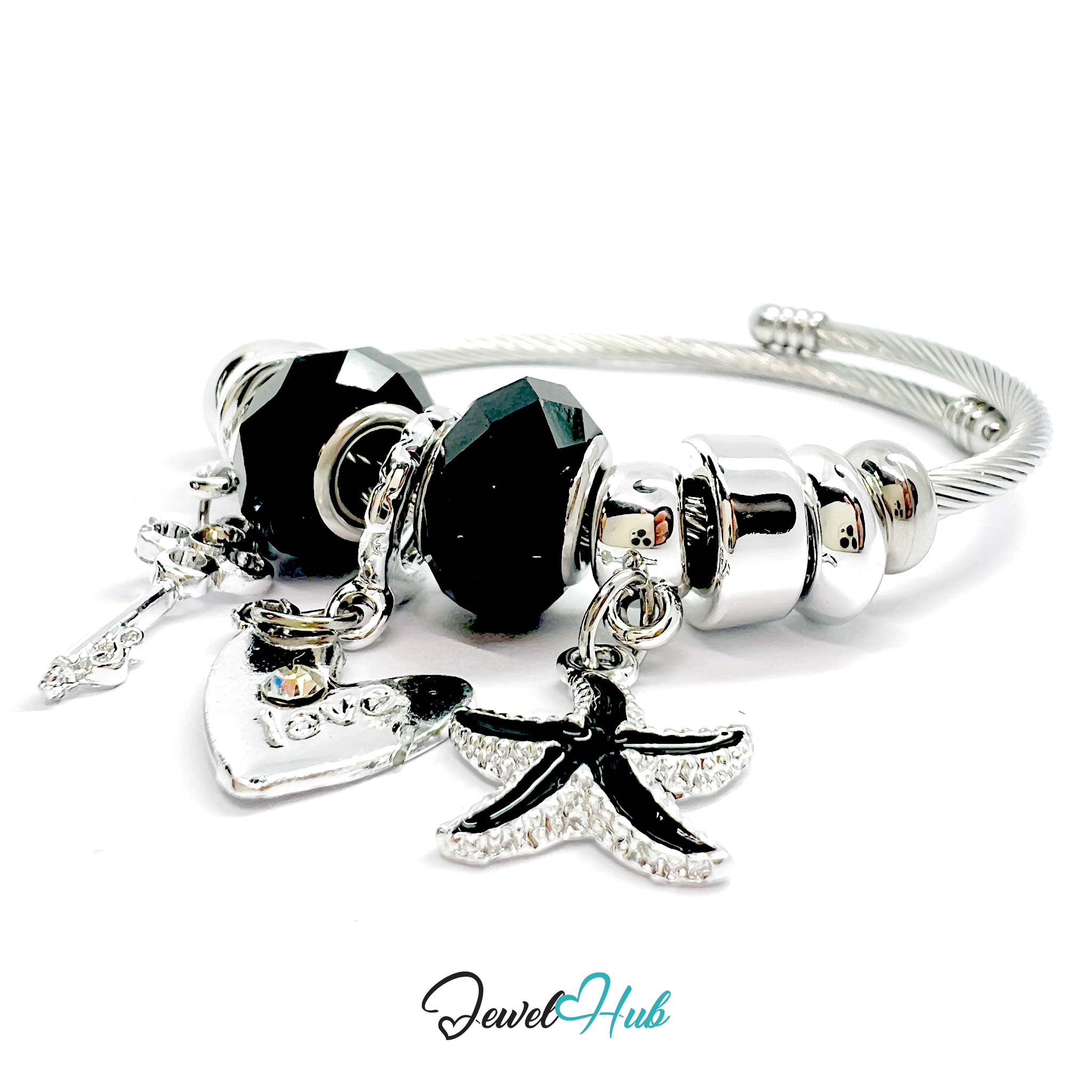 Silver bracelet with black beads and charms on a white background, featuring the brand 'Jewel Hub'.