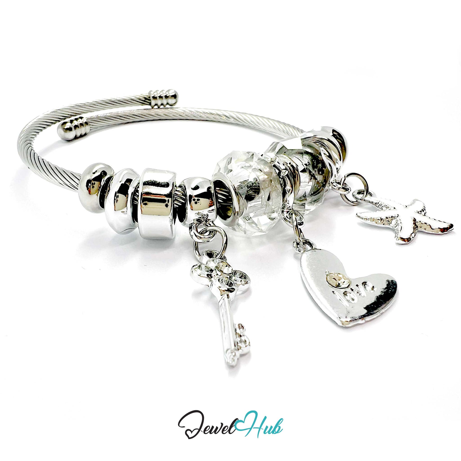 Silver bracelet with charms on a white background, branded 'Jewel Hub'.