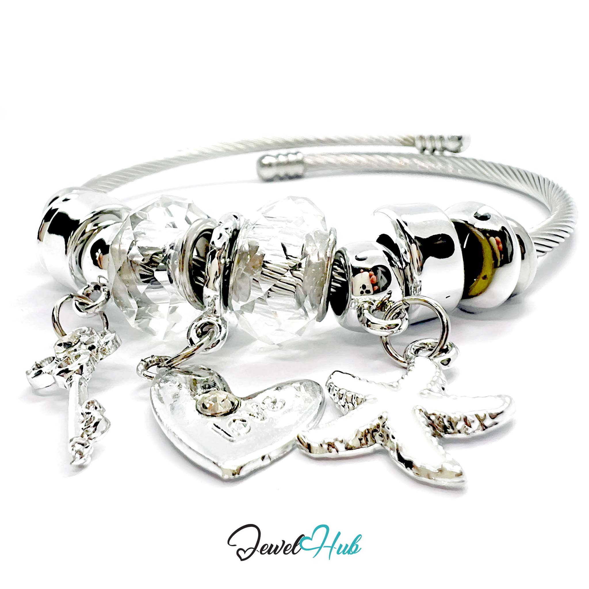 Silver bracelet with charms on a white background, branded 'Jewel Hub'.