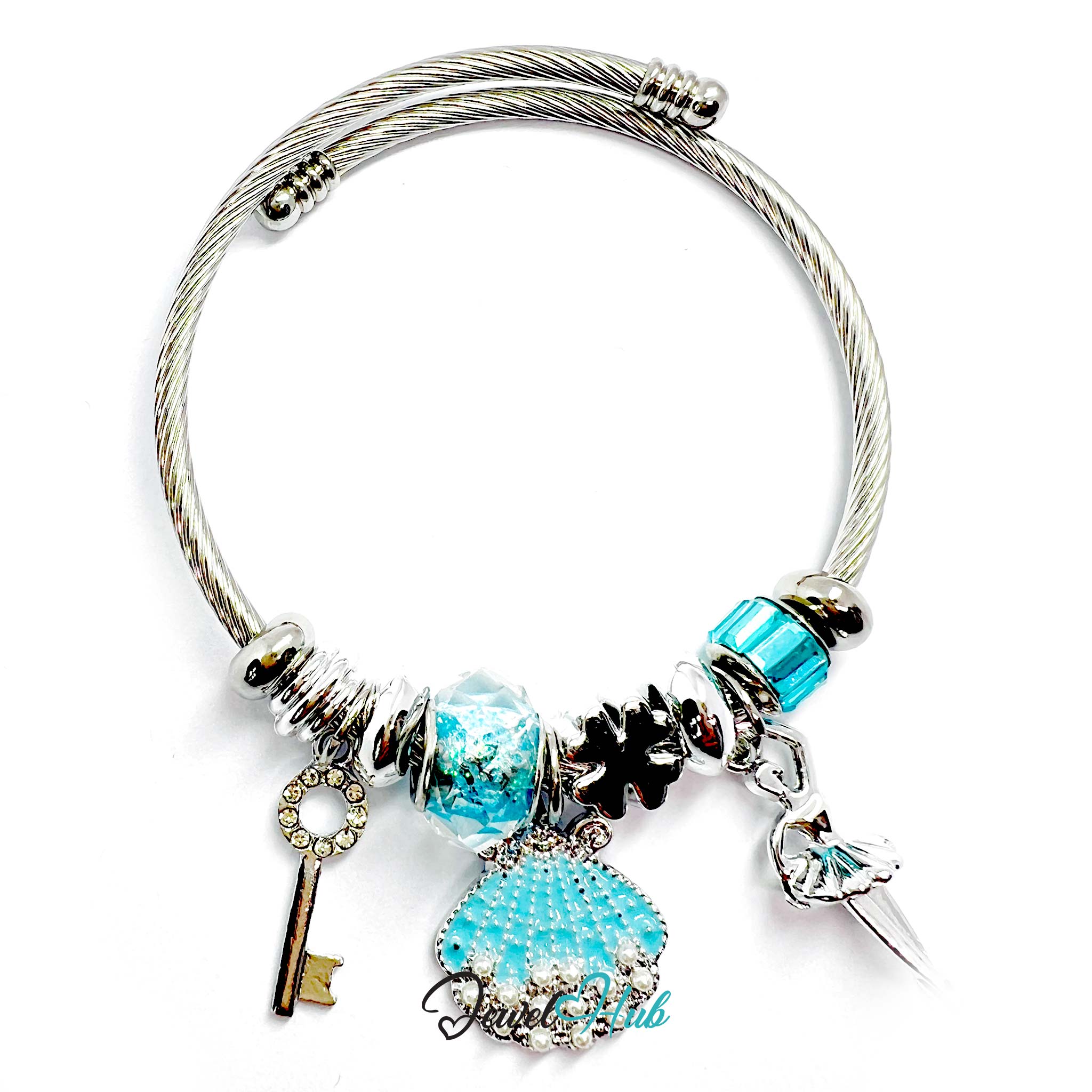 Silver stainless steel charm bracelet with blue and clear beads and charms on a white background