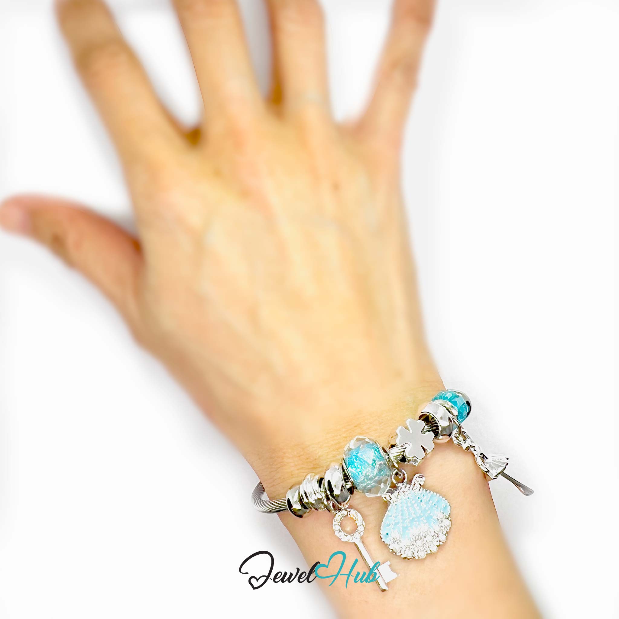 Silver Stainless Steel Cyan Pearl Shell, Key & Ballet Charm Bangle