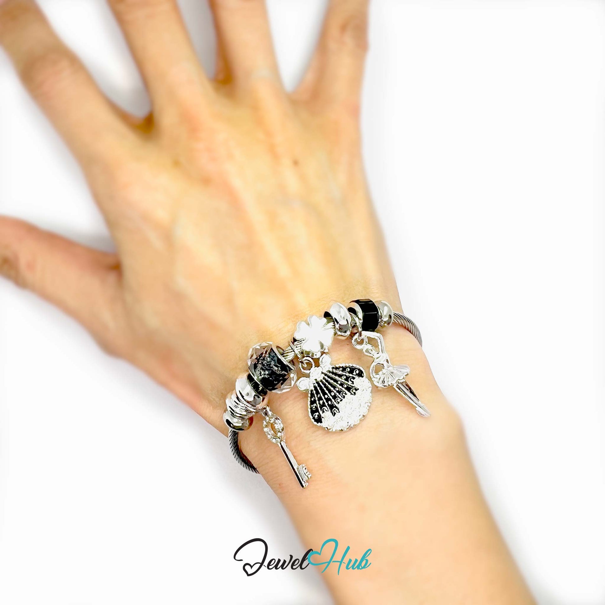 Hand wearing a bracelet with various charms on a white background, branded 'Jewel Hub'.