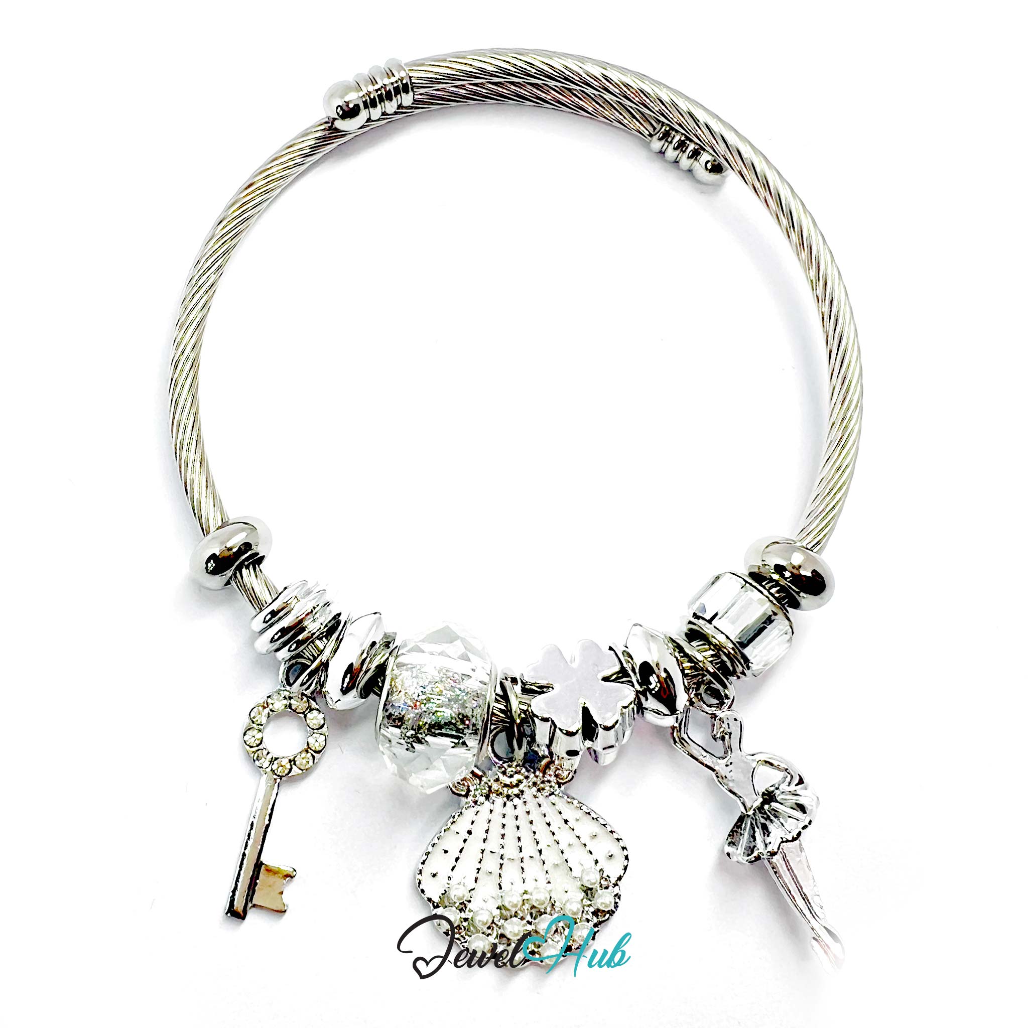 Silver stainless steel charm bracelet with white and clear beads and charms on a white background