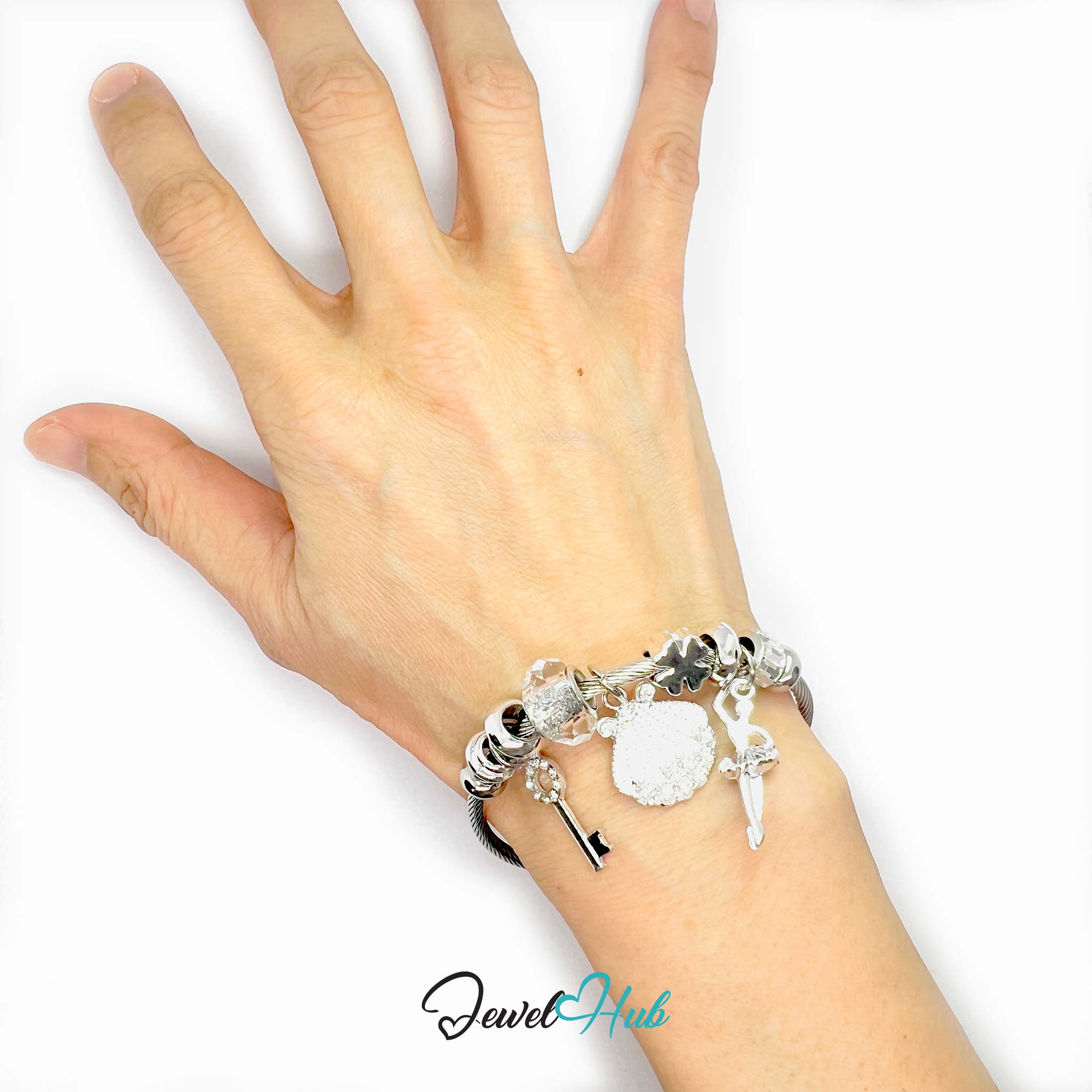 Silver Stainless Steel White Pearl Shell, Key & Ballet Charm Bangle