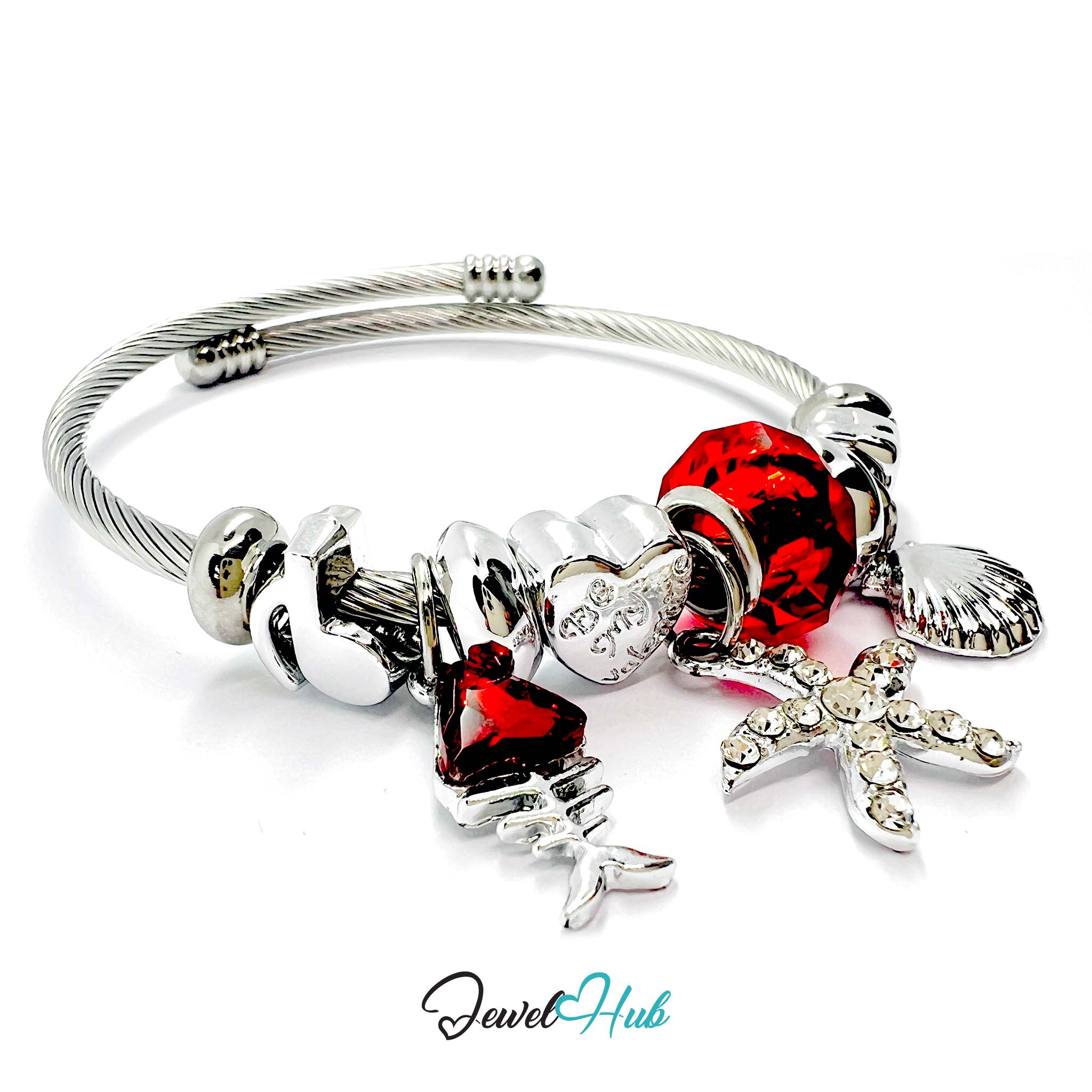 Silver bracelet with red and clear heart-shaped charms on a white background, branded 'Jewel Hub'.