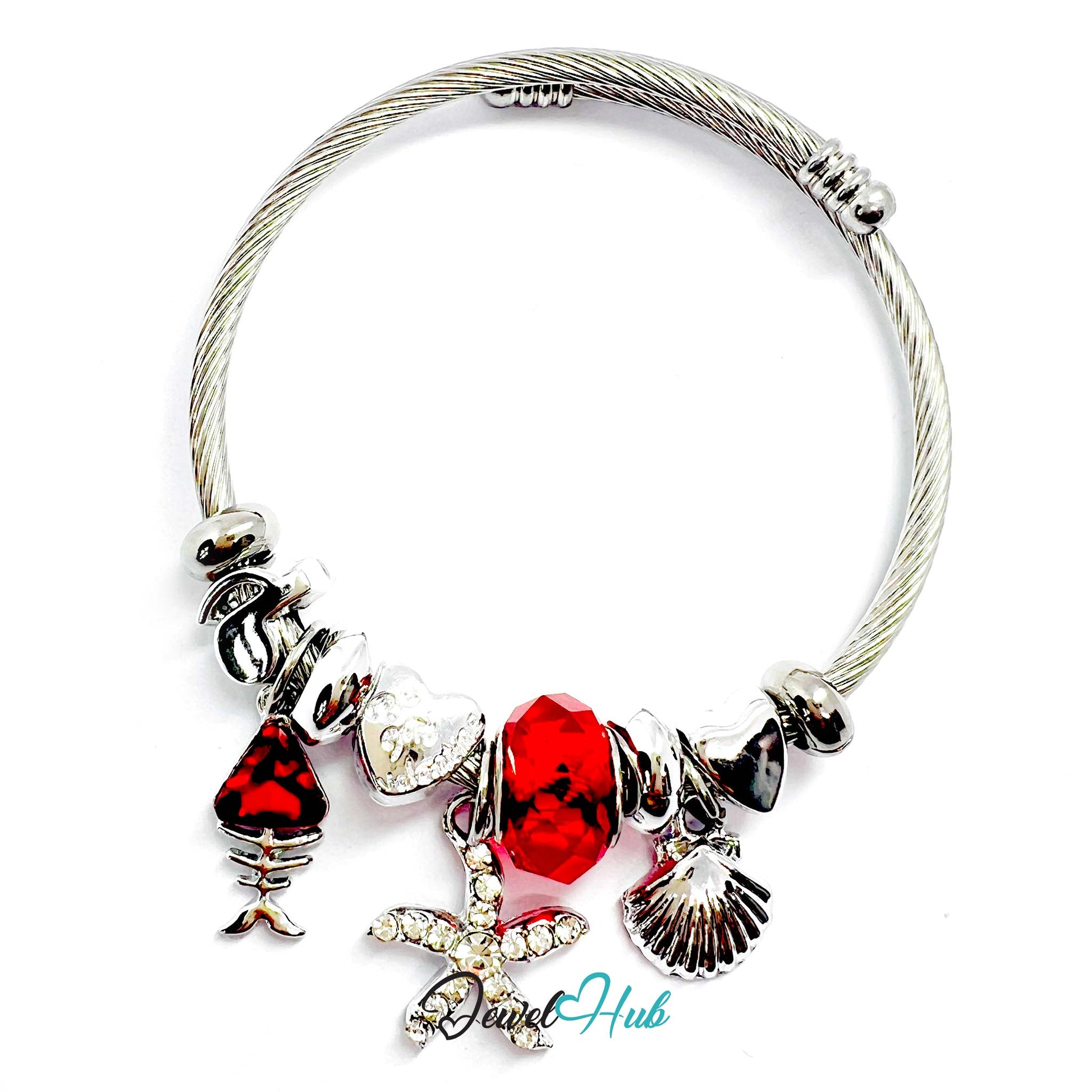 Silver bracelet with red and black fish-shaped charms on a white background