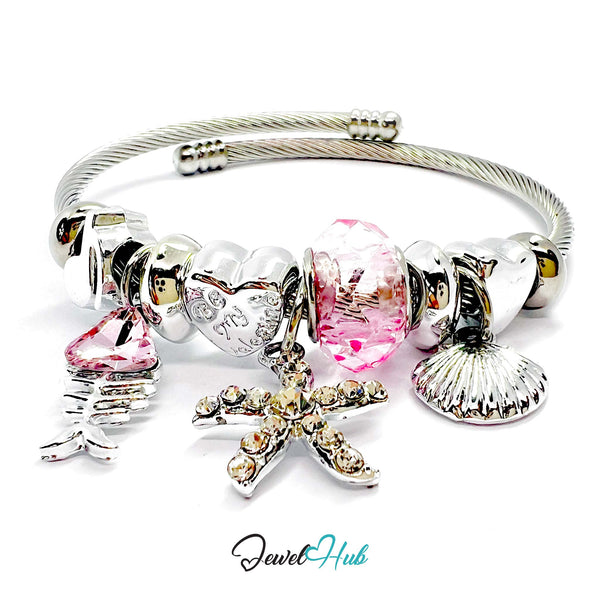 Silver bracelet with various charms including a starfish, on a white background with 'Jewel Hub' branding.