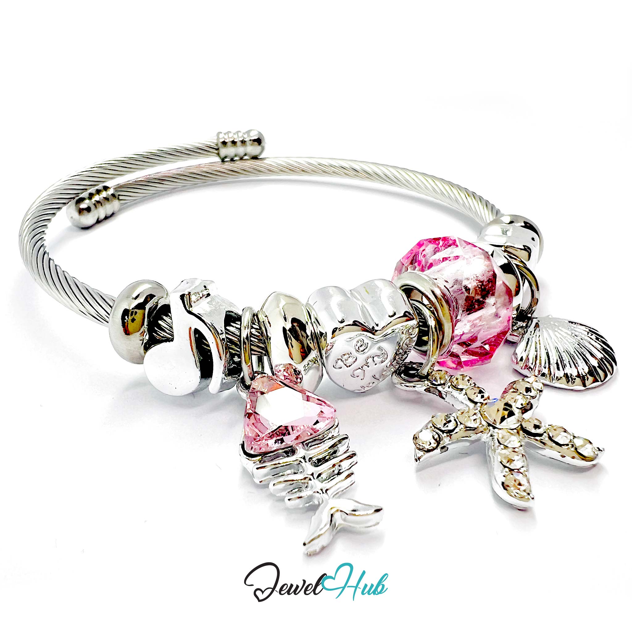 Silver bracelet with pink and gold charms on a white background, branded 'Jewel Hub'.