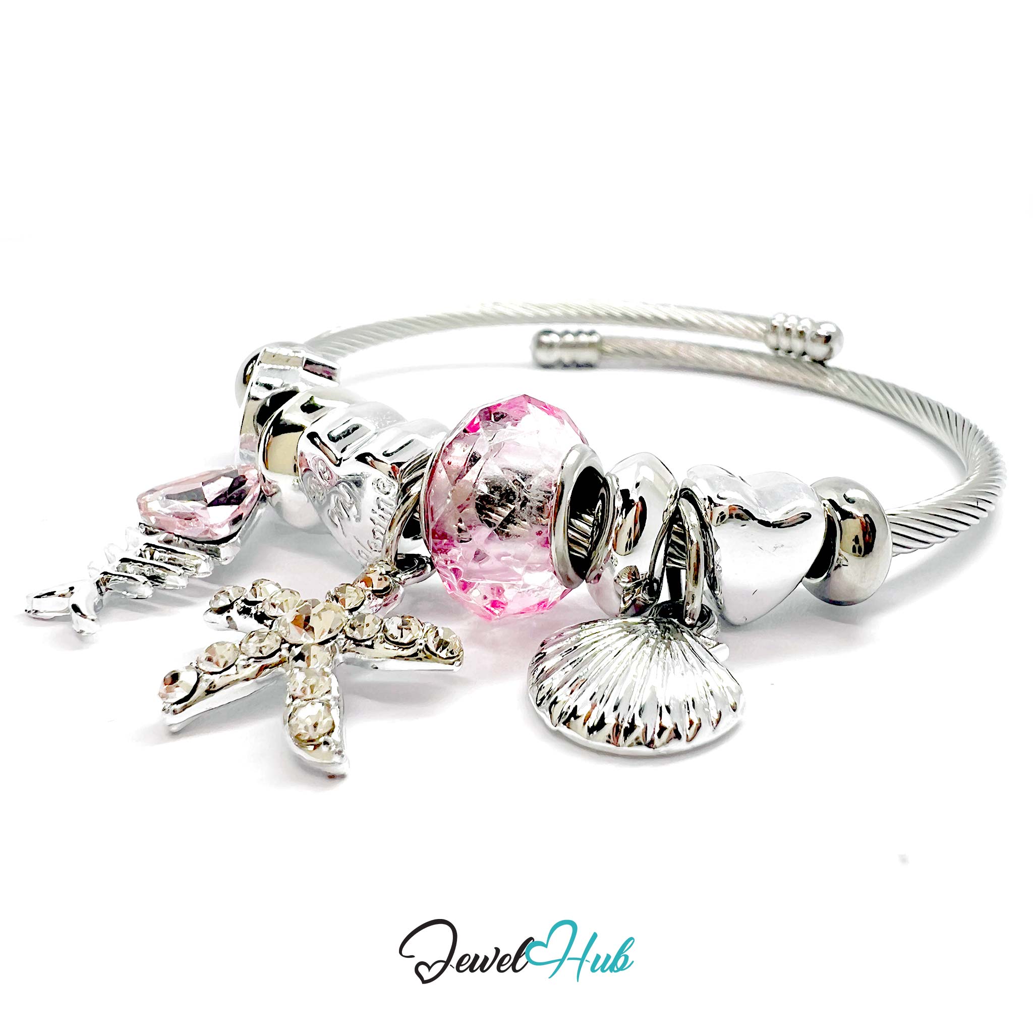 Silver stainless steel bracelet with various pink charms on a white background