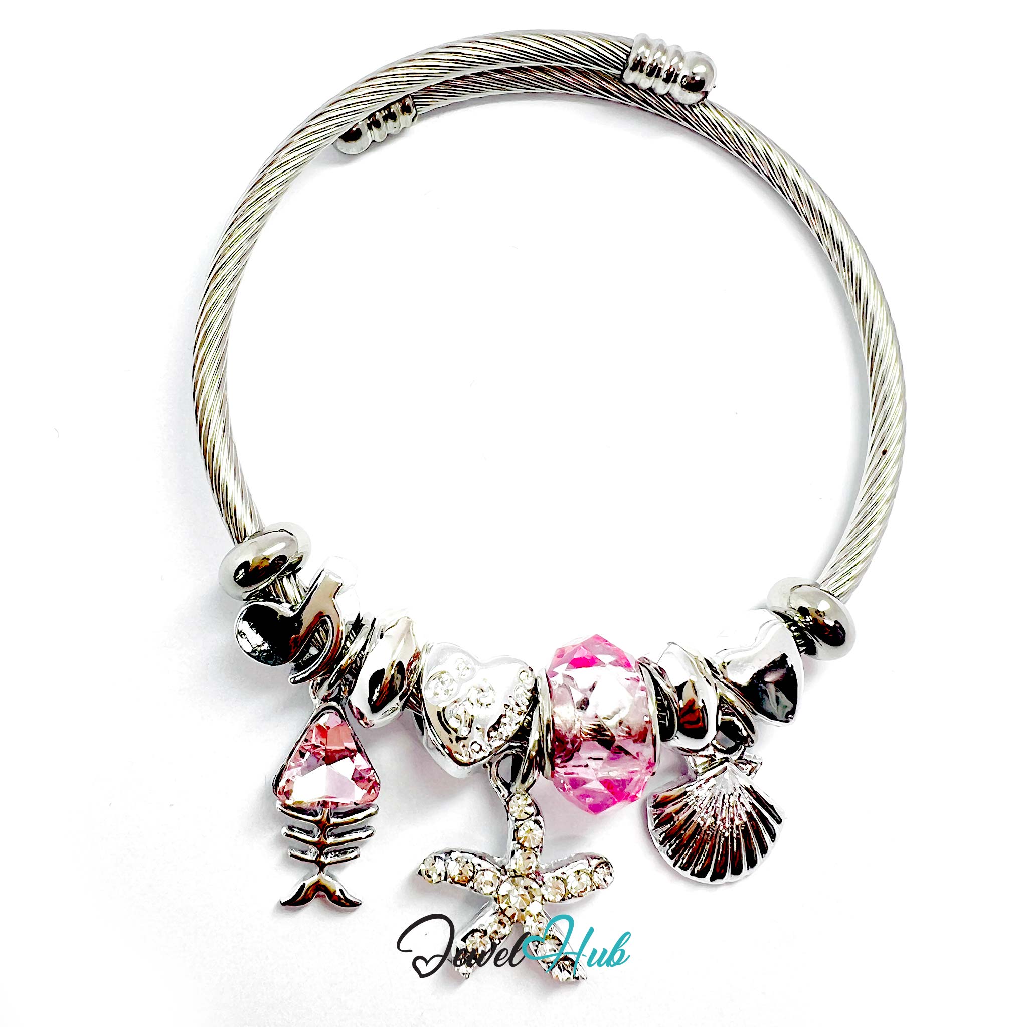 Silver bracelet with various charms including a pink fish, shell, and starfish on a white background.