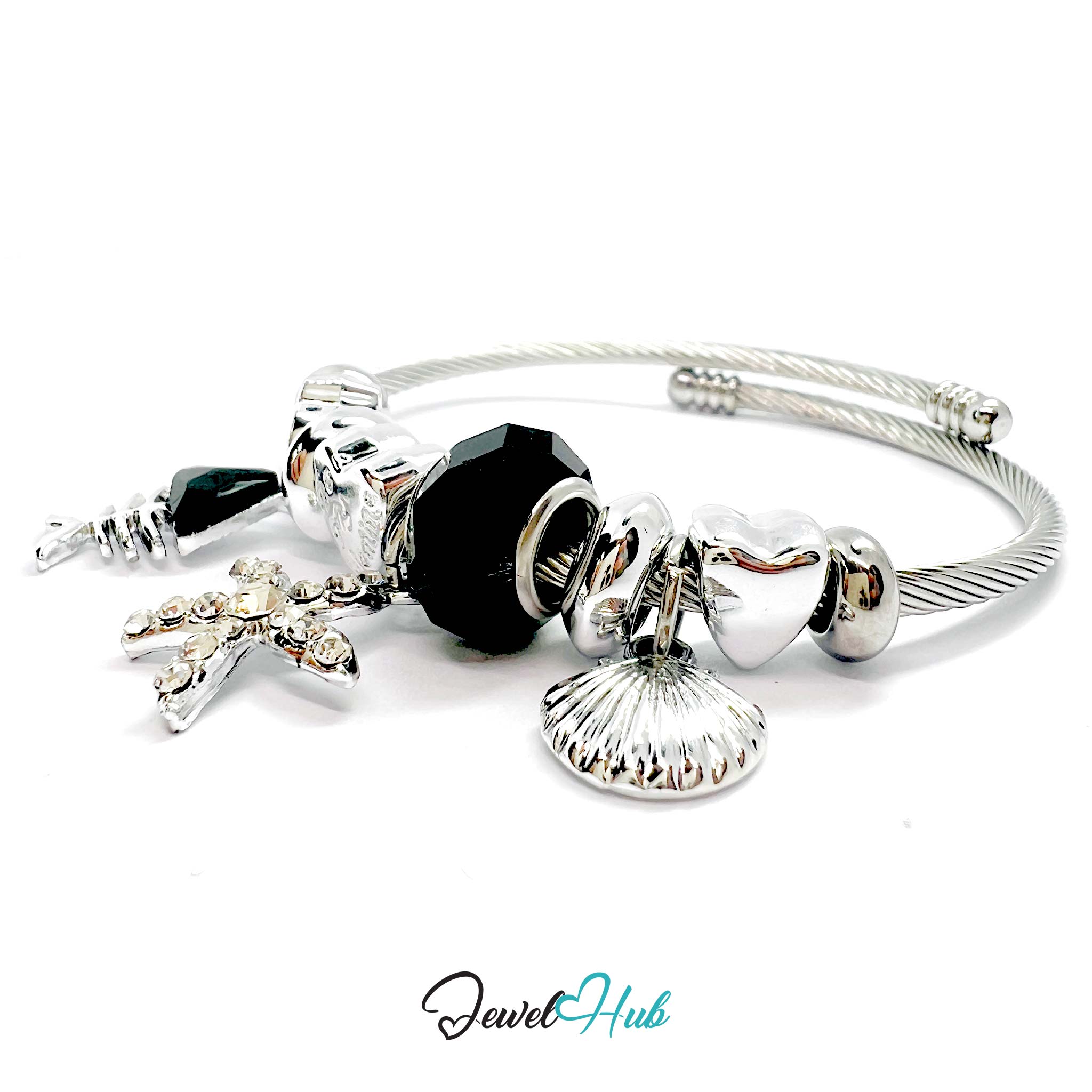 Silver stainless steel bracelet with various charms on a white background