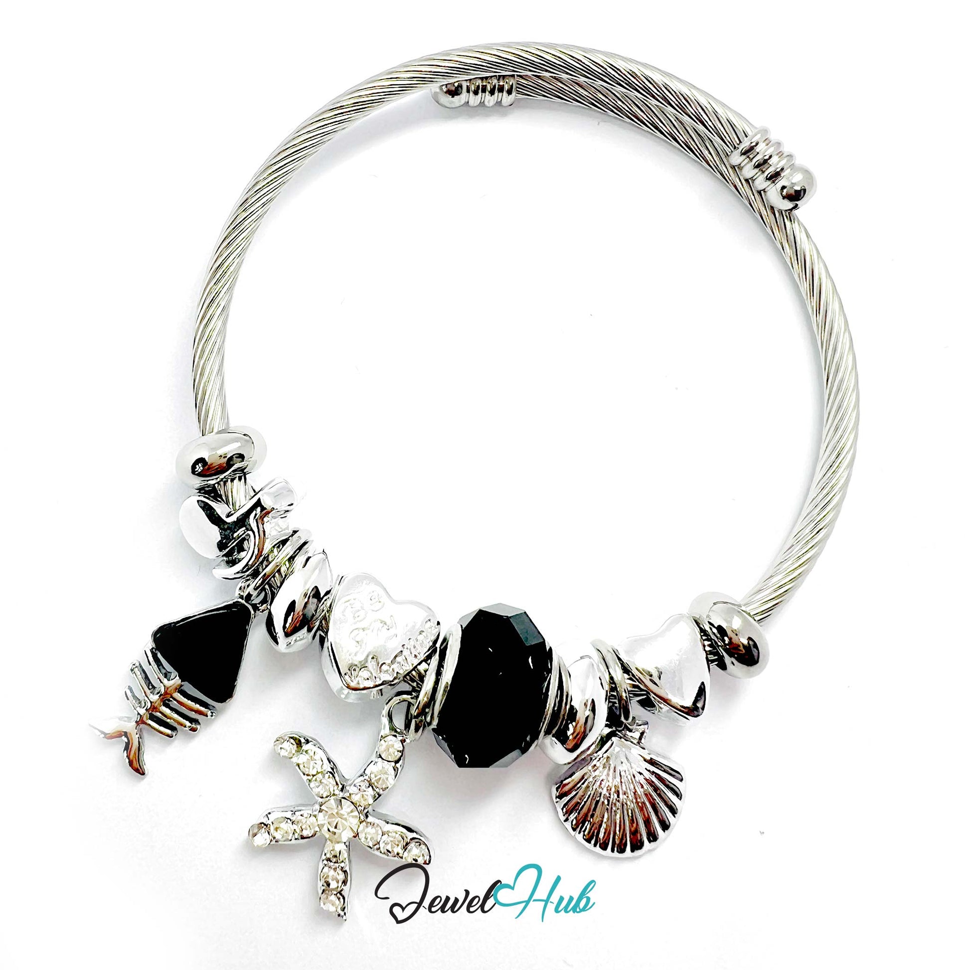 Silver stainless steel bracelet with various charms on a white background