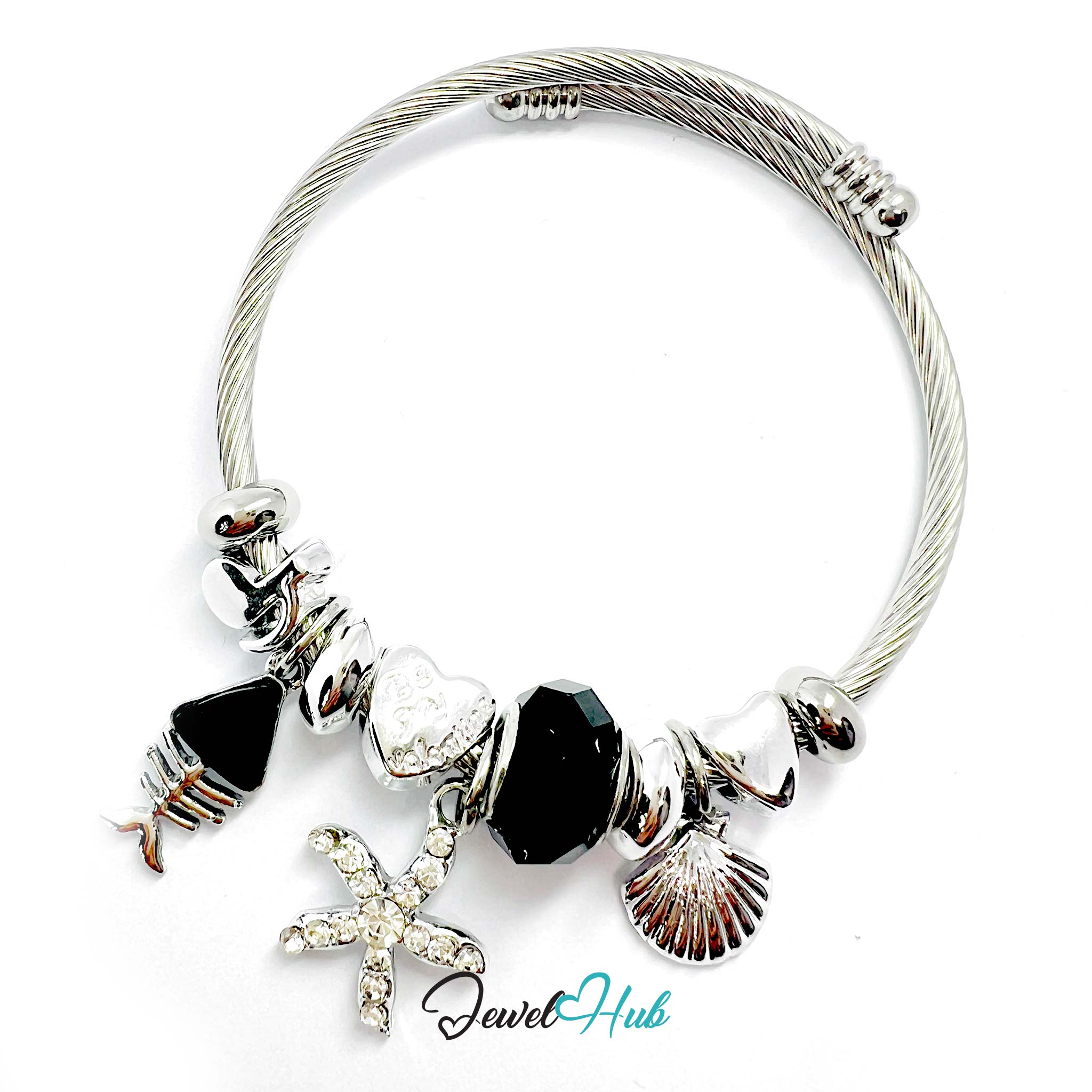 Silver stainless steel bracelet with various charms on a white background