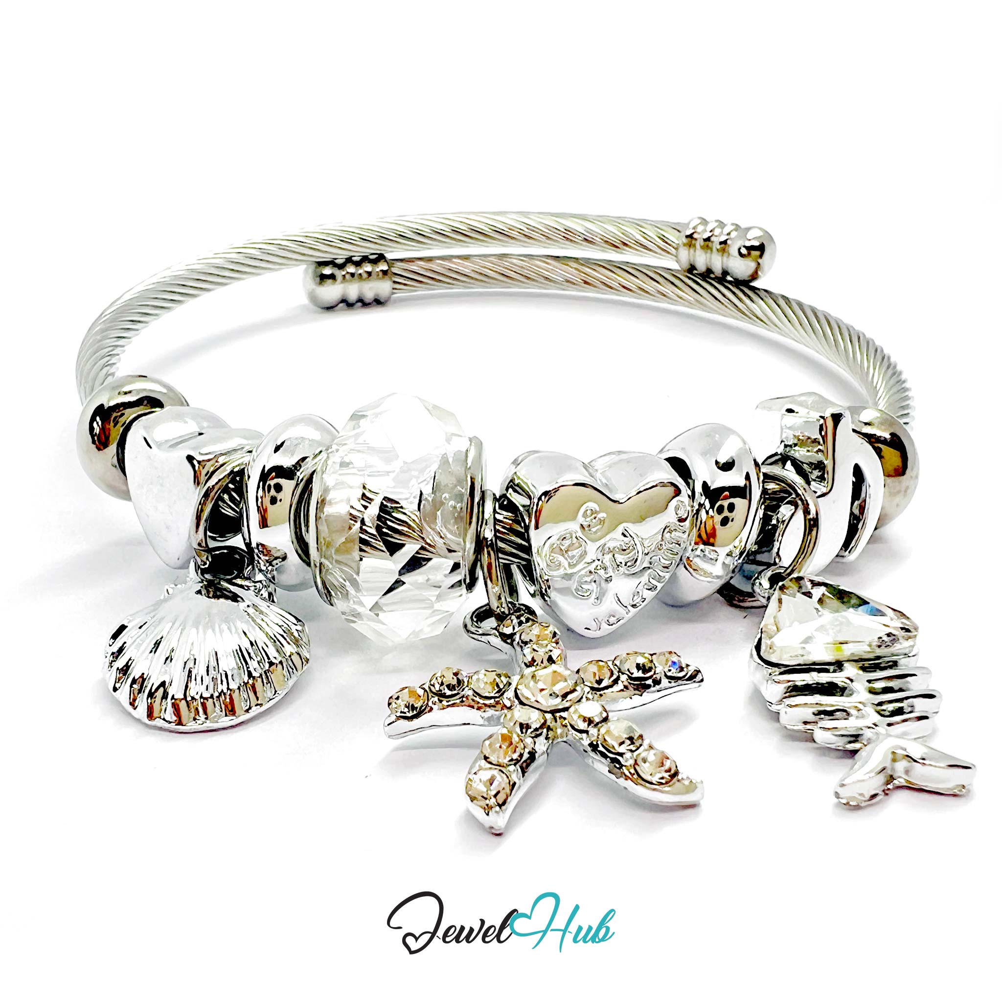 Silver stainless steel bracelet with various charms on a white background