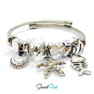 Silver stainless steel bracelet with various charms on a white background