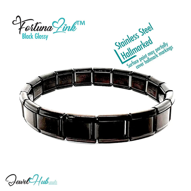 Black Glossy Italian bracelet by the FortunaLink™ Tile Collection (18 links) - JewelHub.co.uk