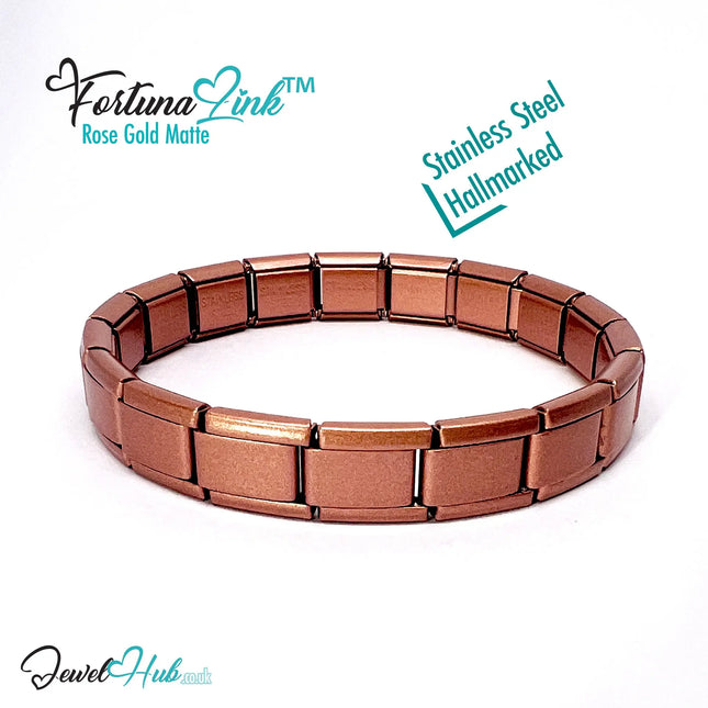 FortunaLink™ Modular Italian Bracelet (Rose Gold Matte Finish) 18 Stainless Steel Links for Charm Stacking - JewelHub.co.uk