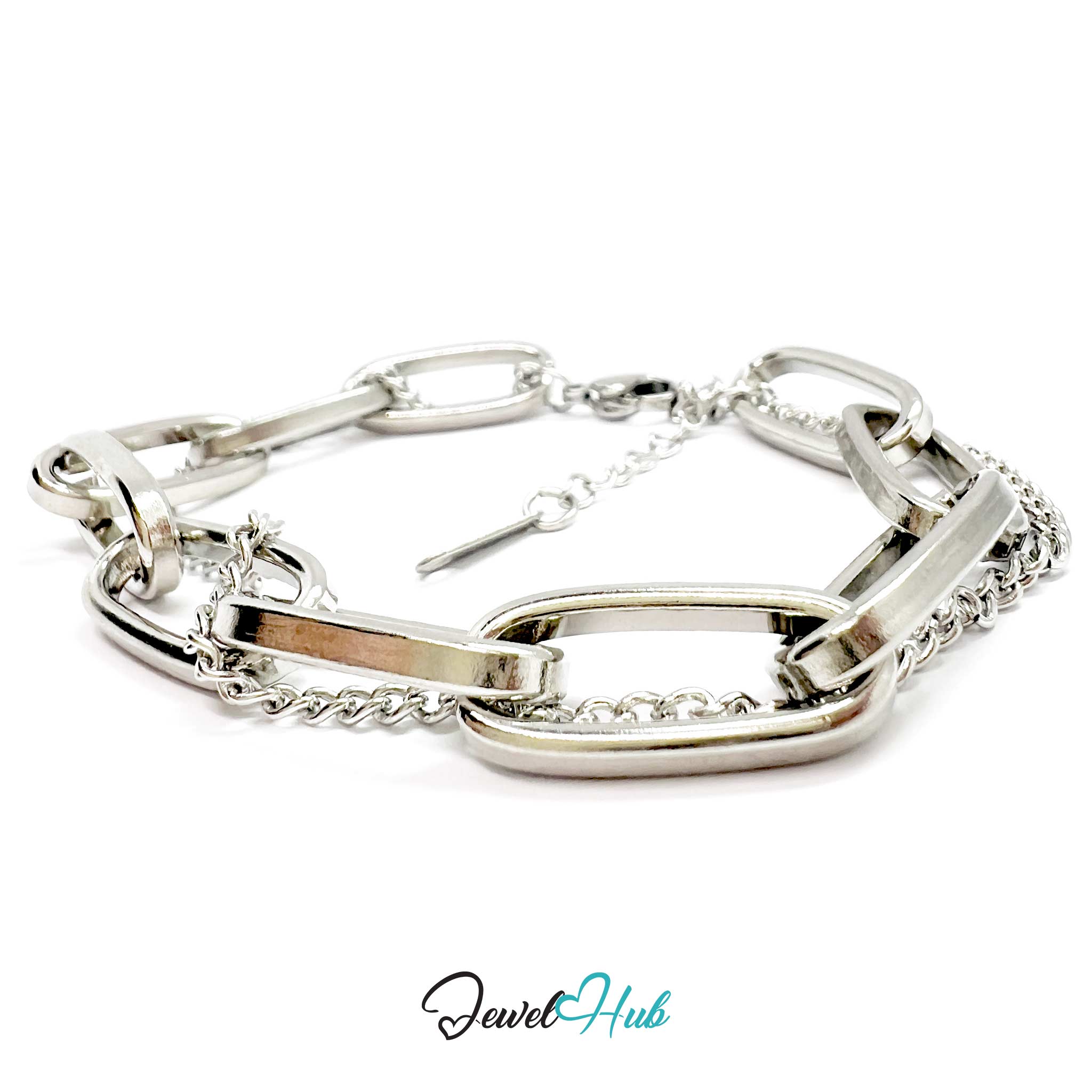 Silver chain bracelet on a white background with 'Jewel Hub' branding.