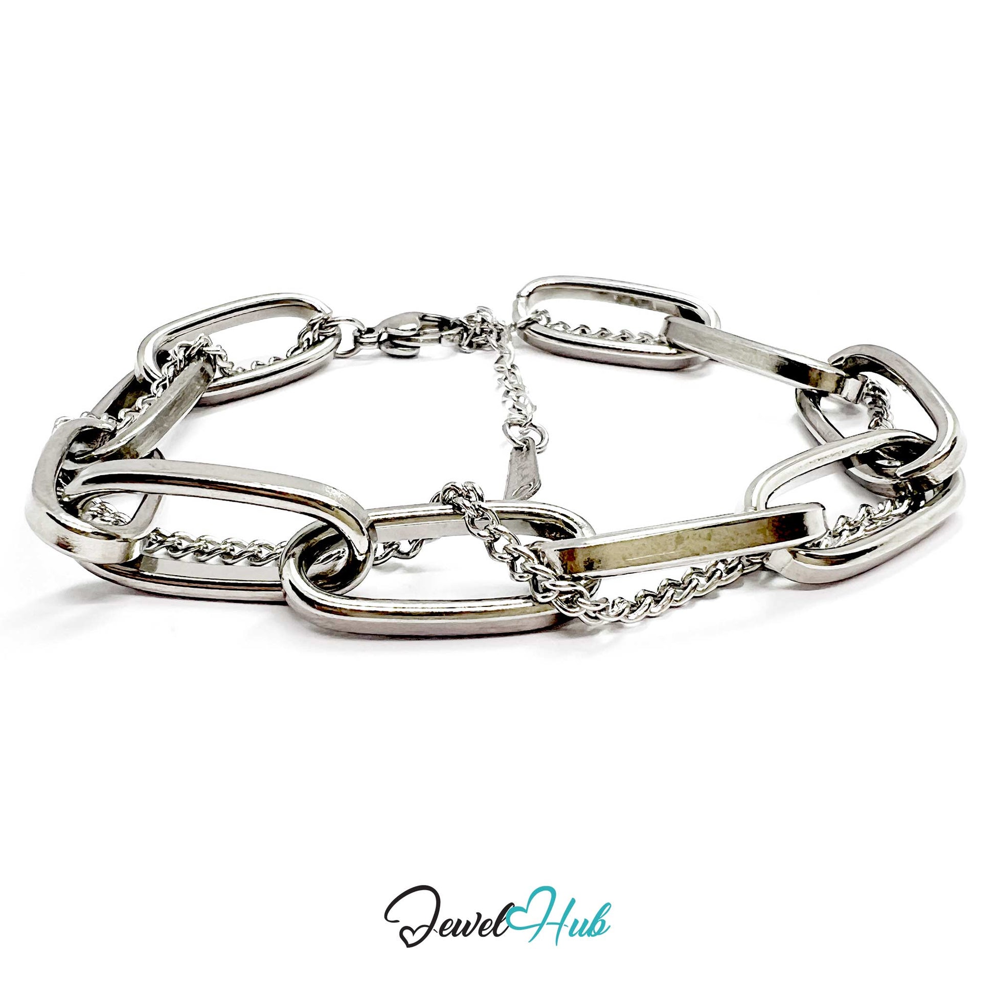 Silver chain bracelet on a white background with 'Jewel Hub' branding.