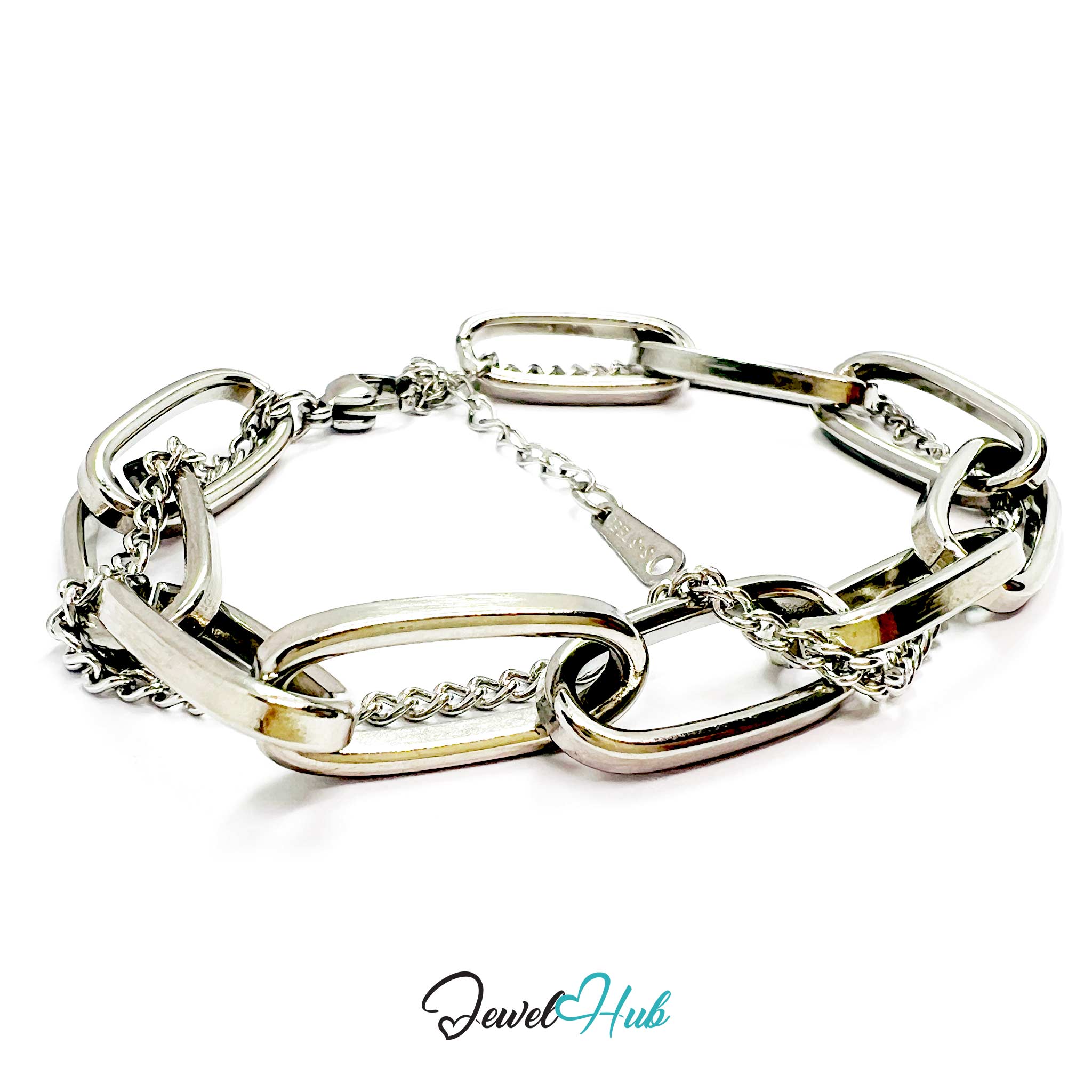 Silver chain bracelet on a white background with 'Jewel Hub' branding.