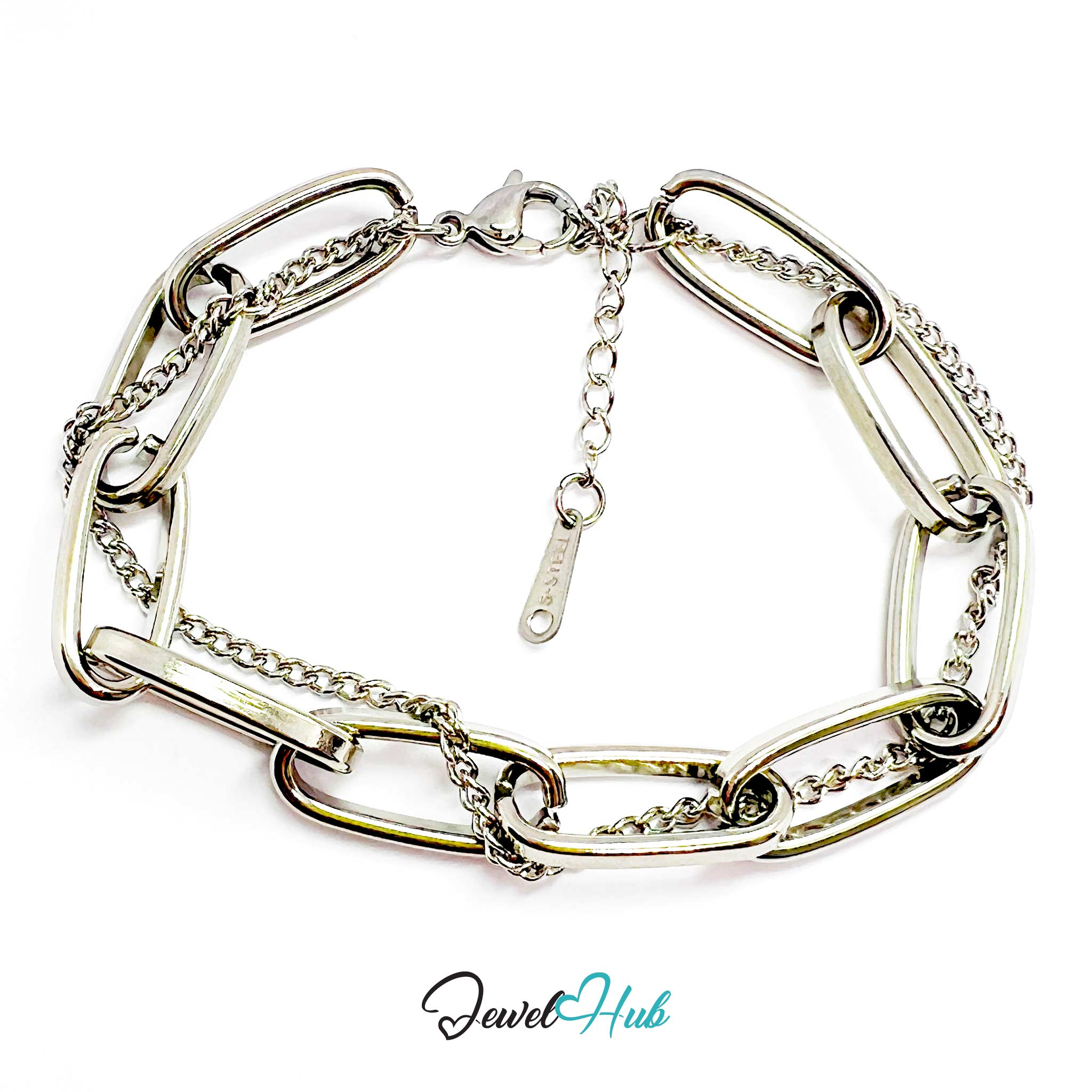 Silver chain bracelet on a white background with 'Jewel Hub' branding.